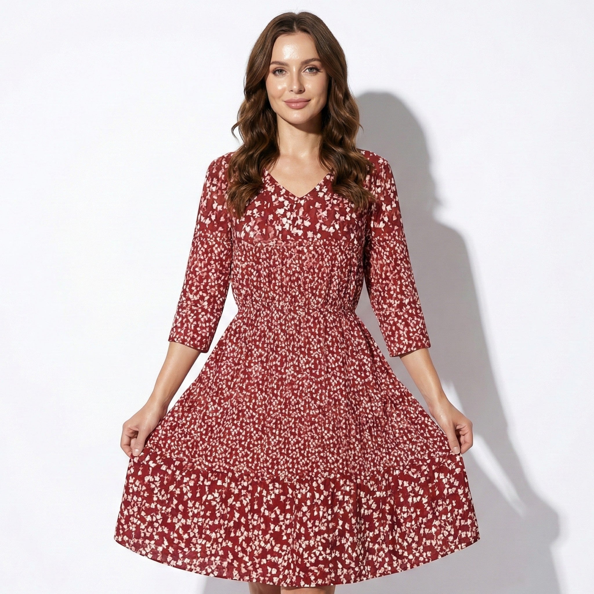 Grace - Women's Floral Print V - Neck Midi Dress - Dress - Red - Jones & Smith