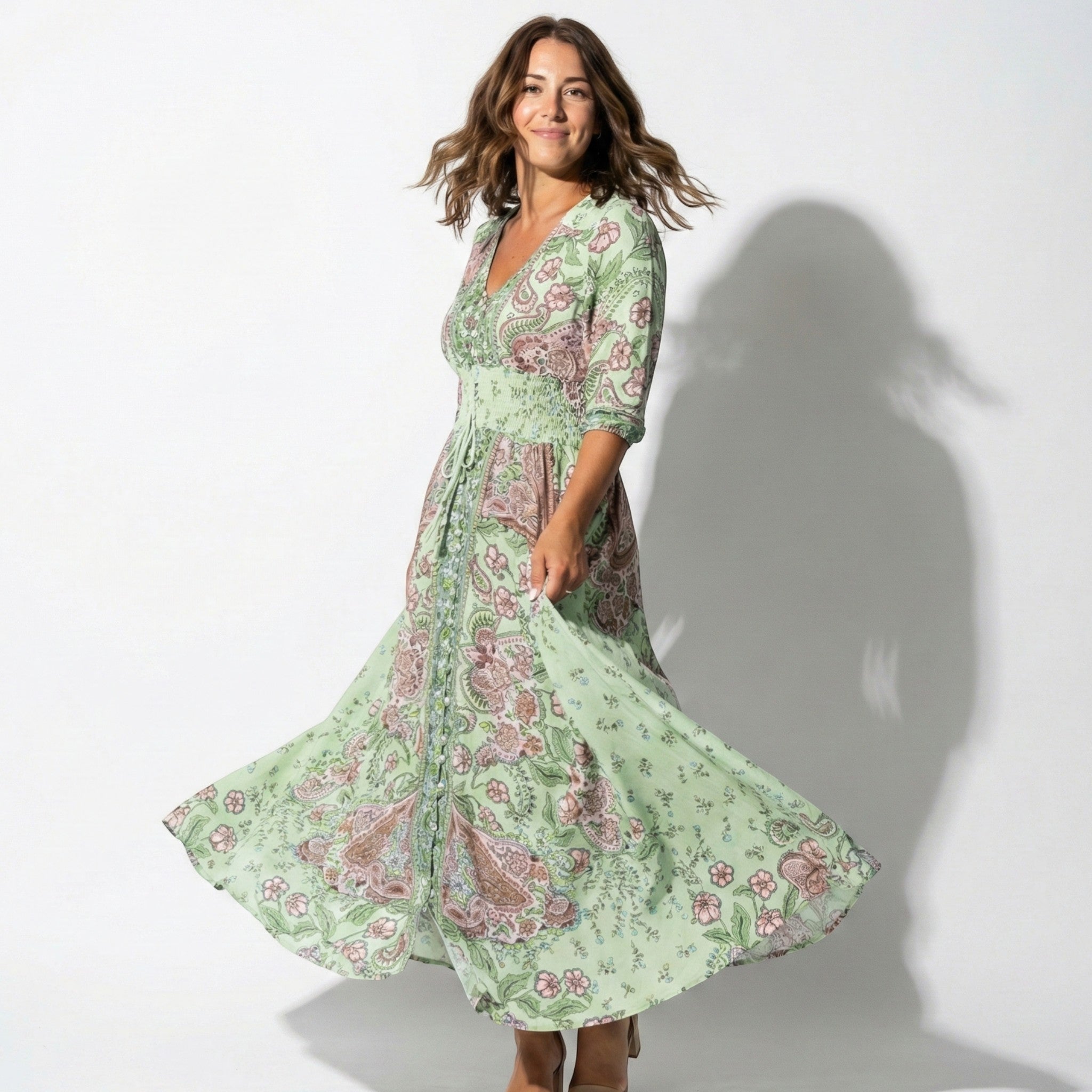 Grace - Women's Printed V - Neck Maxi Dress with 3/4 Sleeves - Dress - Green - Jones & Smith