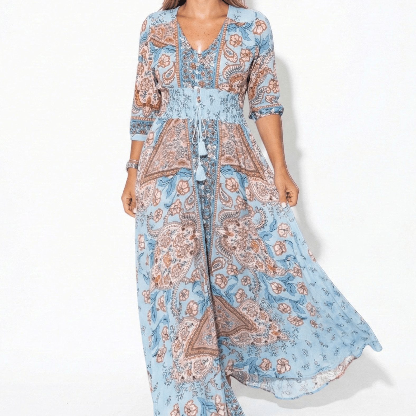 Grace - Women's Printed V - Neck Maxi Dress with 3/4 Sleeves - Dress - Blue - Jones & Smith