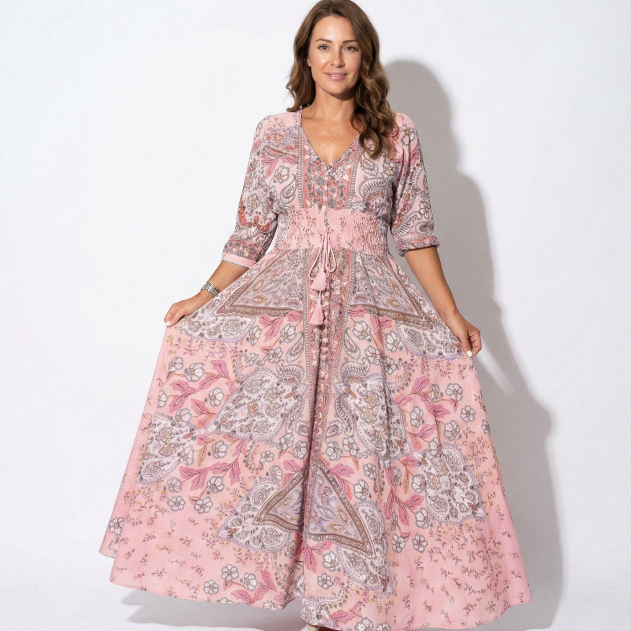 Grace - Women's Printed V - Neck Maxi Dress with 3/4 Sleeves - Dress - Pink - Jones & Smith