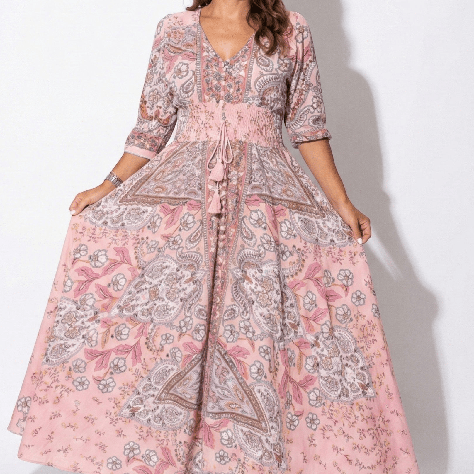 Grace - Women's Printed V - Neck Maxi Dress with 3/4 Sleeves - Dress - Pink - Jones & Smith