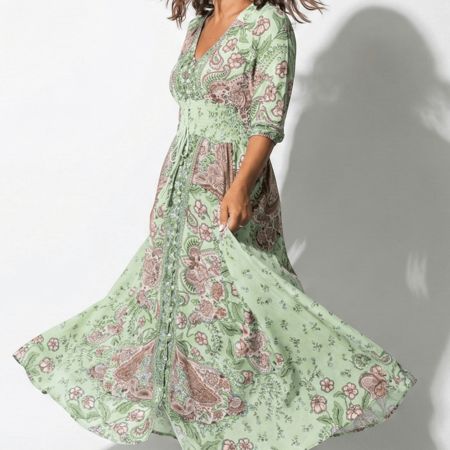 Grace - Women's Printed V - Neck Maxi Dress with 3/4 Sleeves - Dress - Green - Jones & Smith