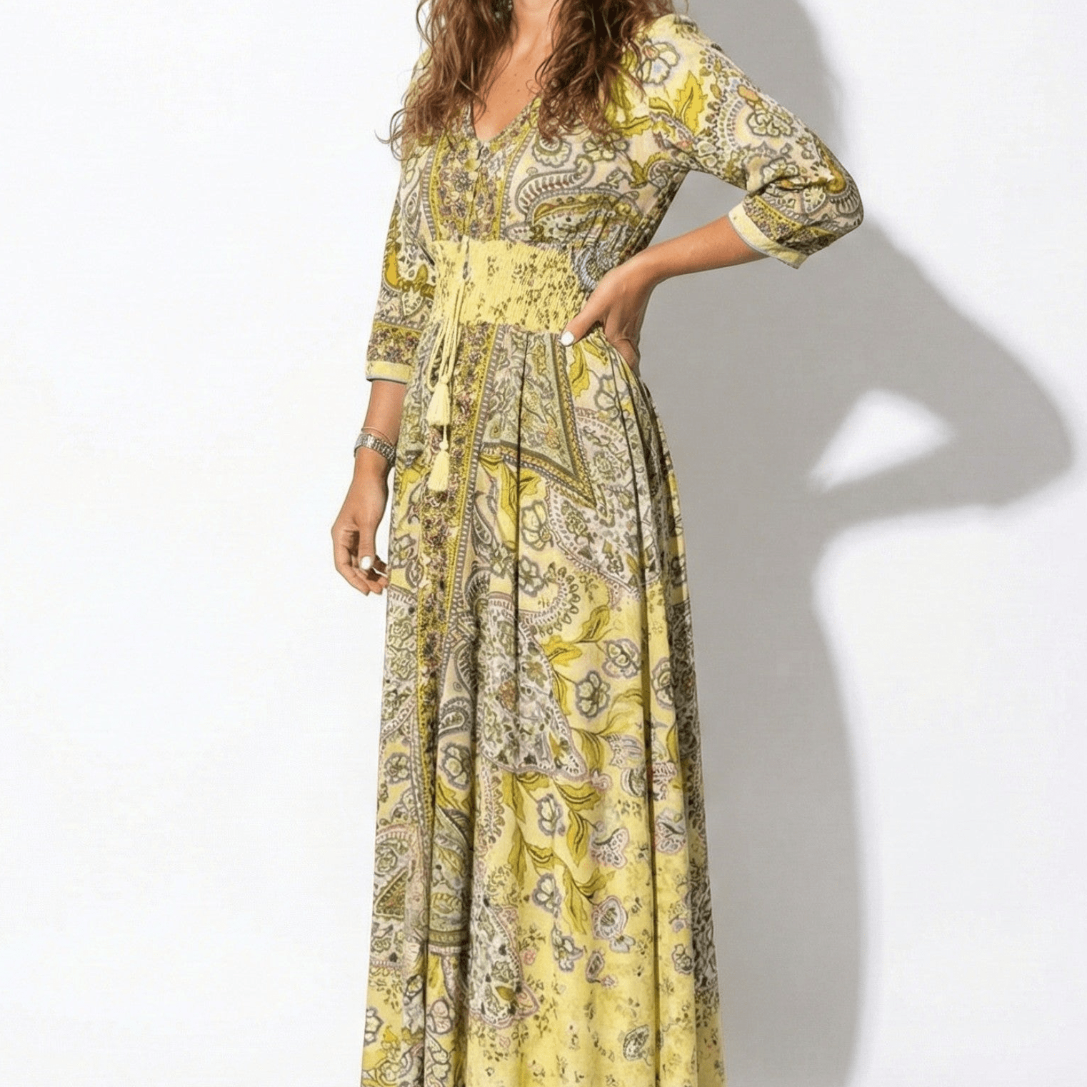 Grace - Women's Printed V - Neck Maxi Dress with 3/4 Sleeves - Dress - Yellow - Jones & Smith