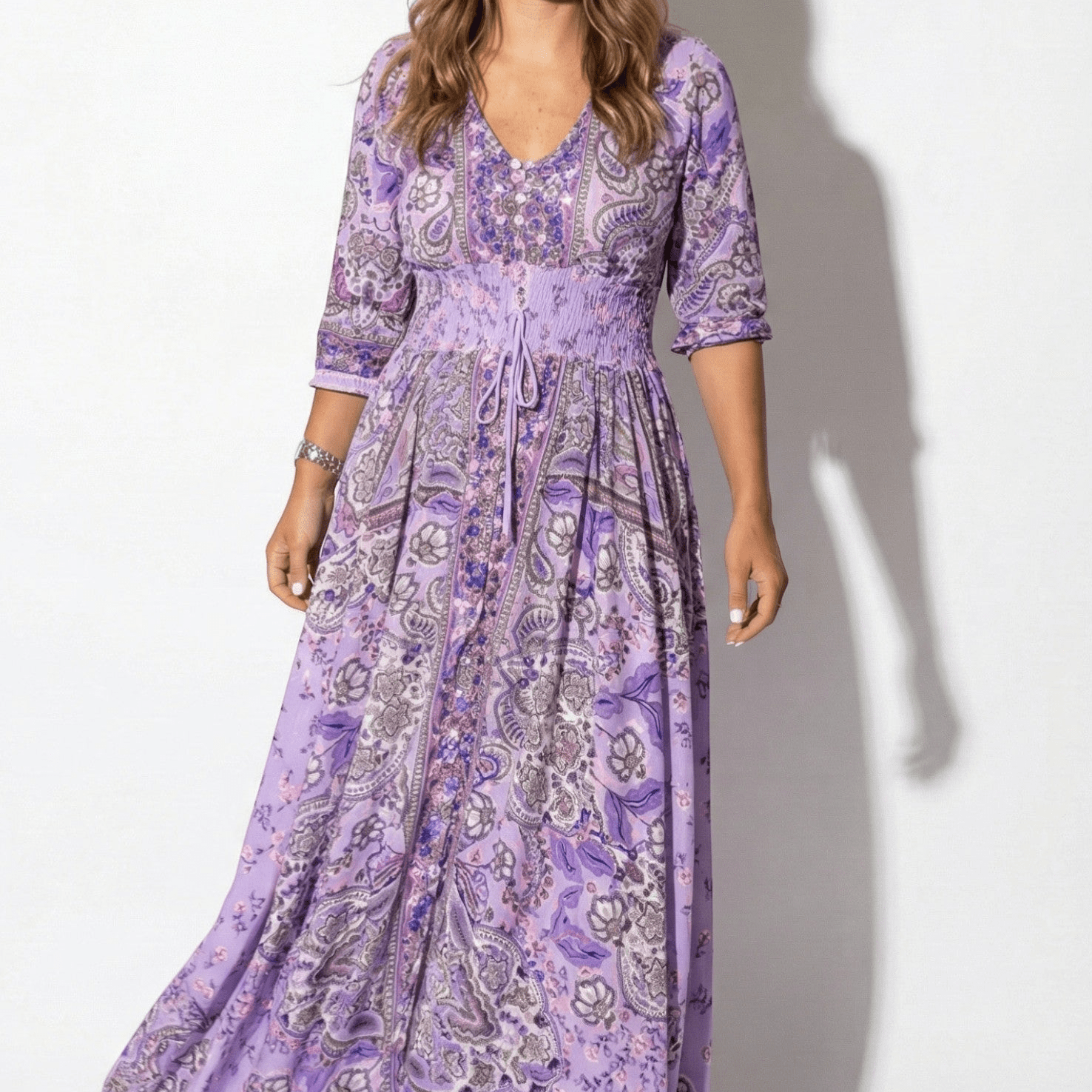 Grace - Women's Printed V - Neck Maxi Dress with 3/4 Sleeves - Dress - Purple - Jones & Smith