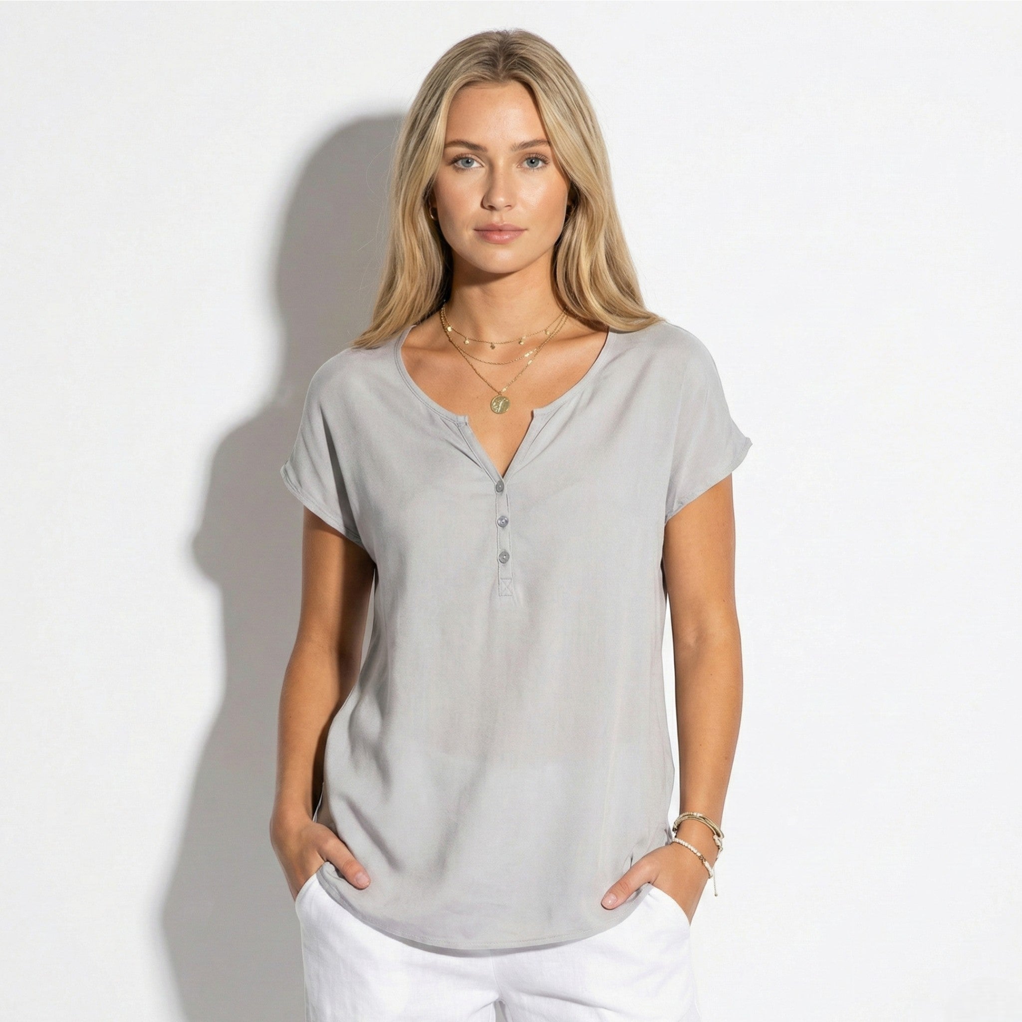 Harriet - Women's V - Neck Top with Decorative Buttons - Blouses - Grey - Jones & Smith