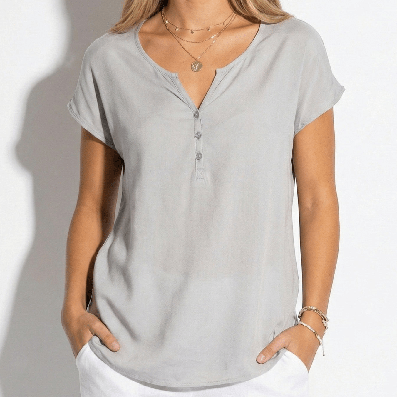 Harriet - Women's V - Neck Top with Decorative Buttons - Blouses - Grey - Jones & Smith