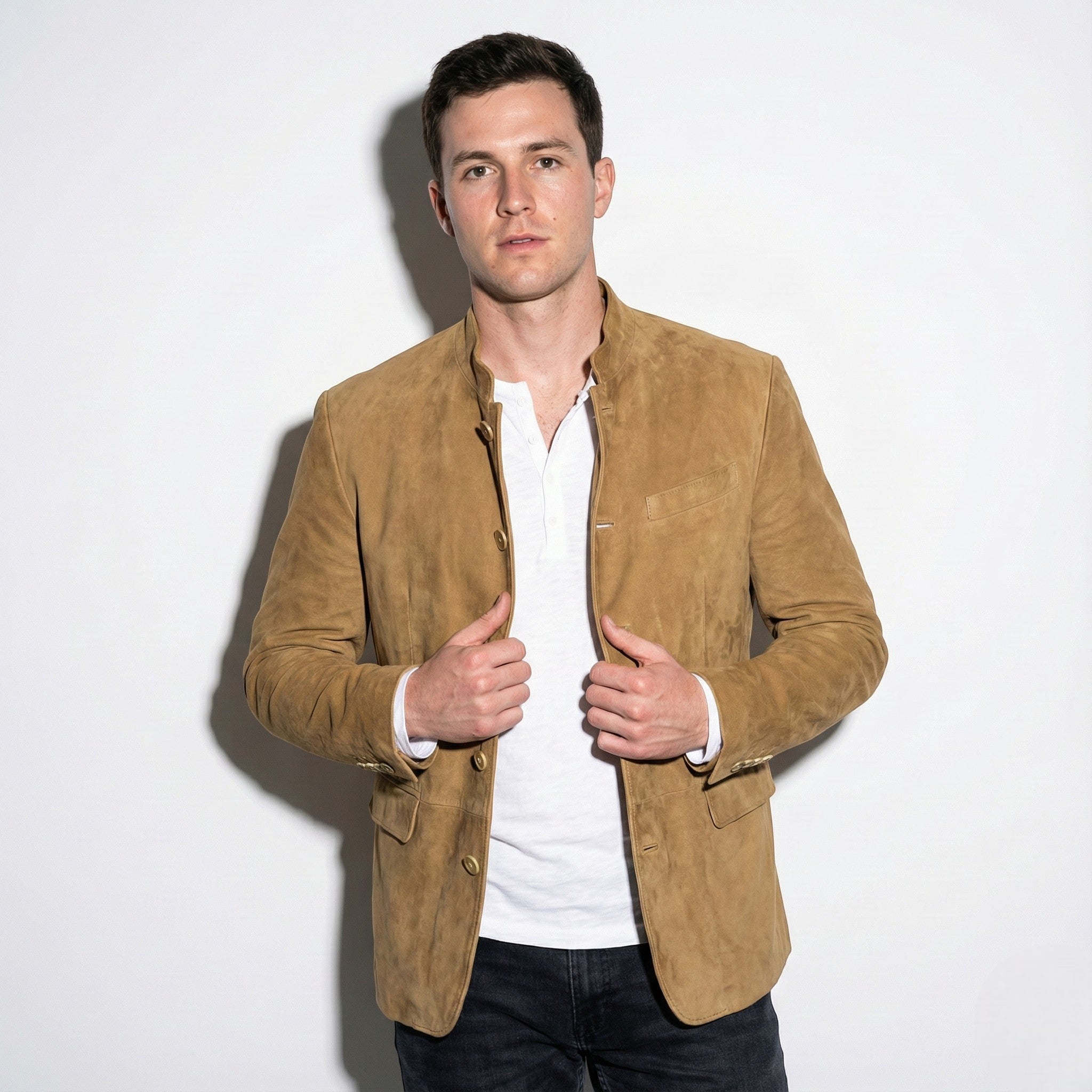 Henry - Men's Blazer with Mandarin Collar - Coats - Khaki - Jones & Smith