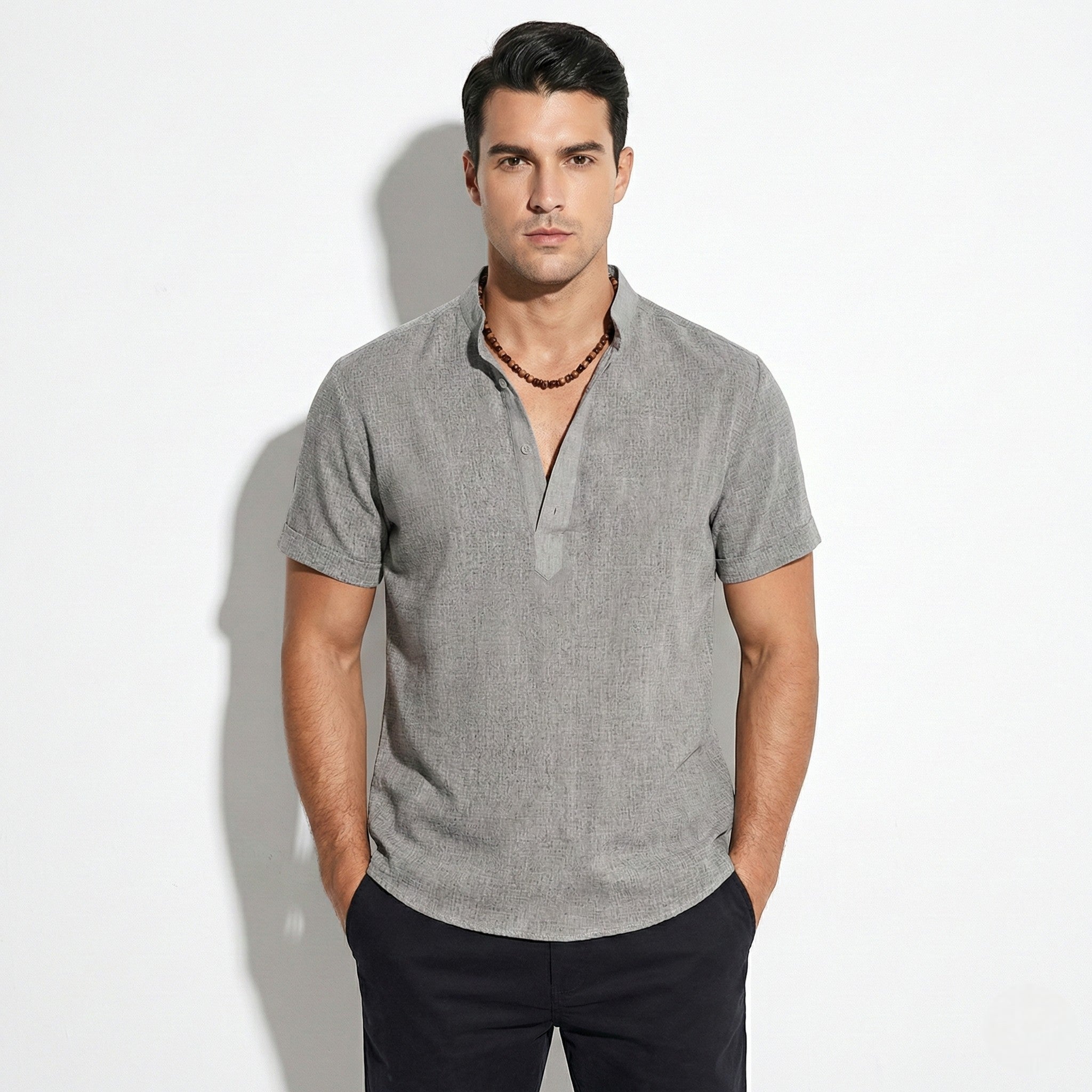 Henry - Men's Short Sleeve Henley Shirt with Relaxed Fit - Shirts - Grey - Jones & Smith