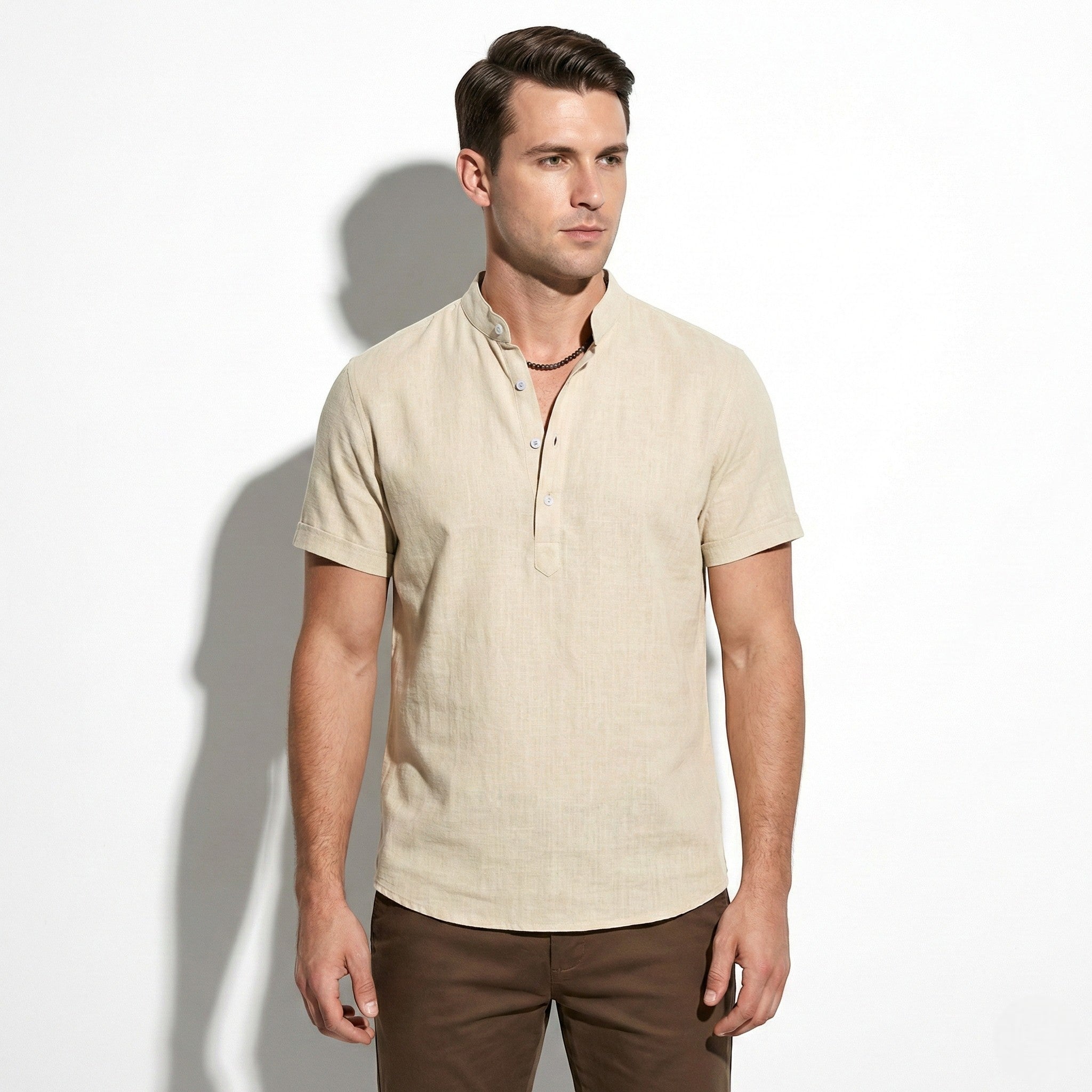 Henry - Men's Short Sleeve Henley Shirt with Relaxed Fit - Shirts - Khaki - Jones & Smith