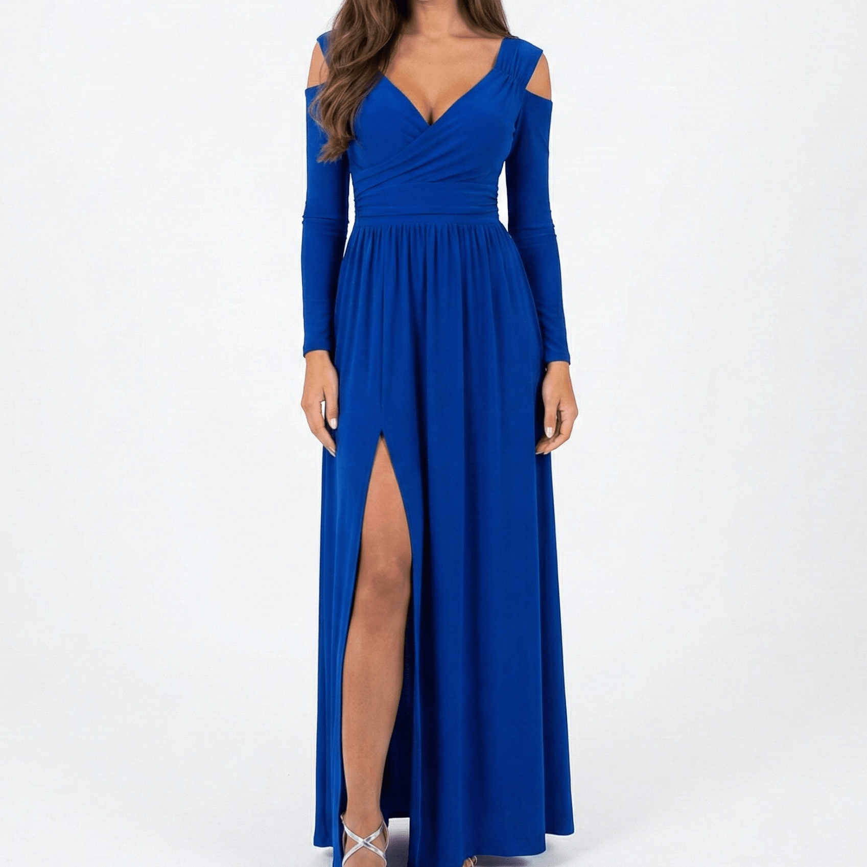 Holly - Women's Cold Shoulder Maxi Dress with Side Slit - Dress - Blue - Jones & Smith