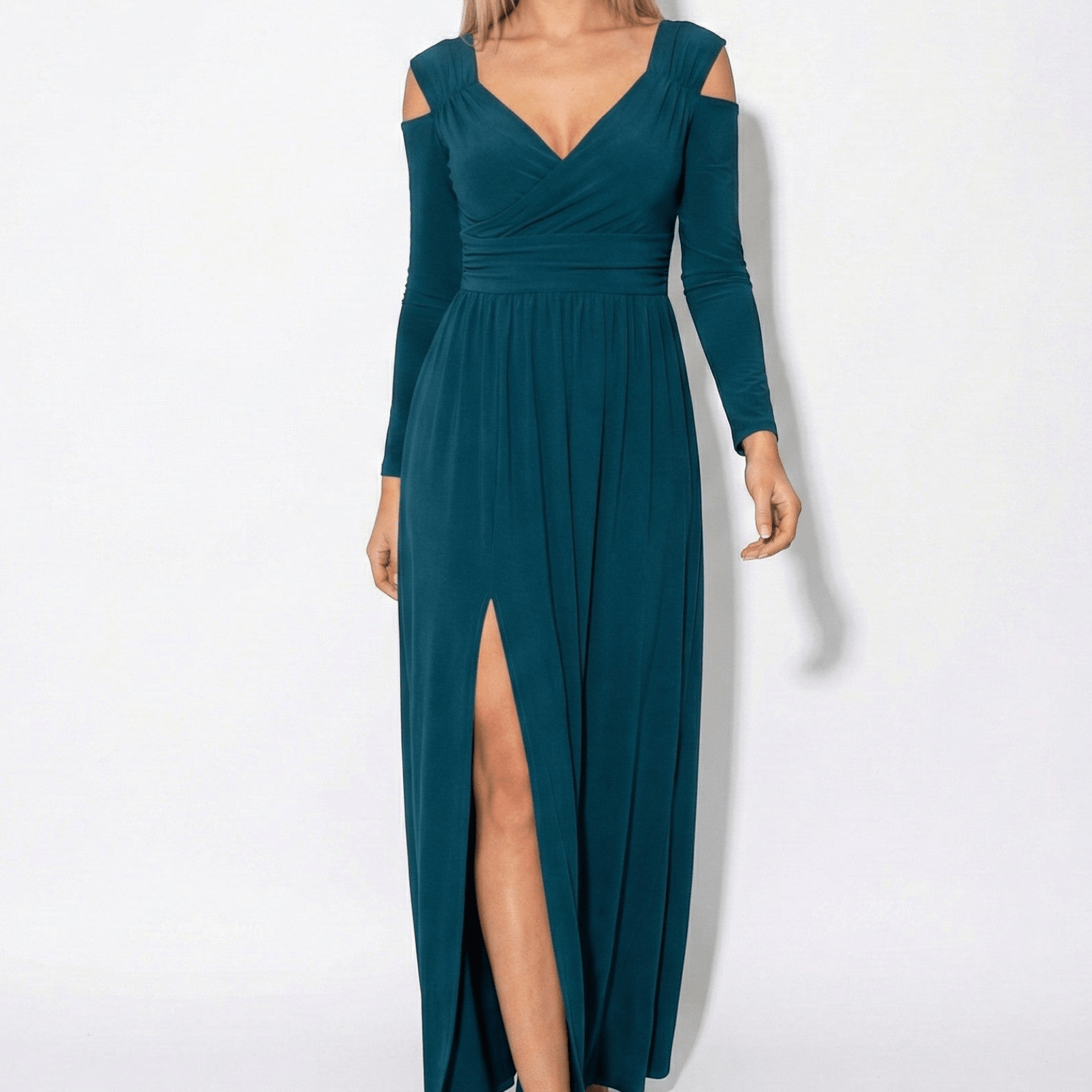 Holly - Women's Cold Shoulder Maxi Dress with Side Slit - Dress - Green - Jones & Smith