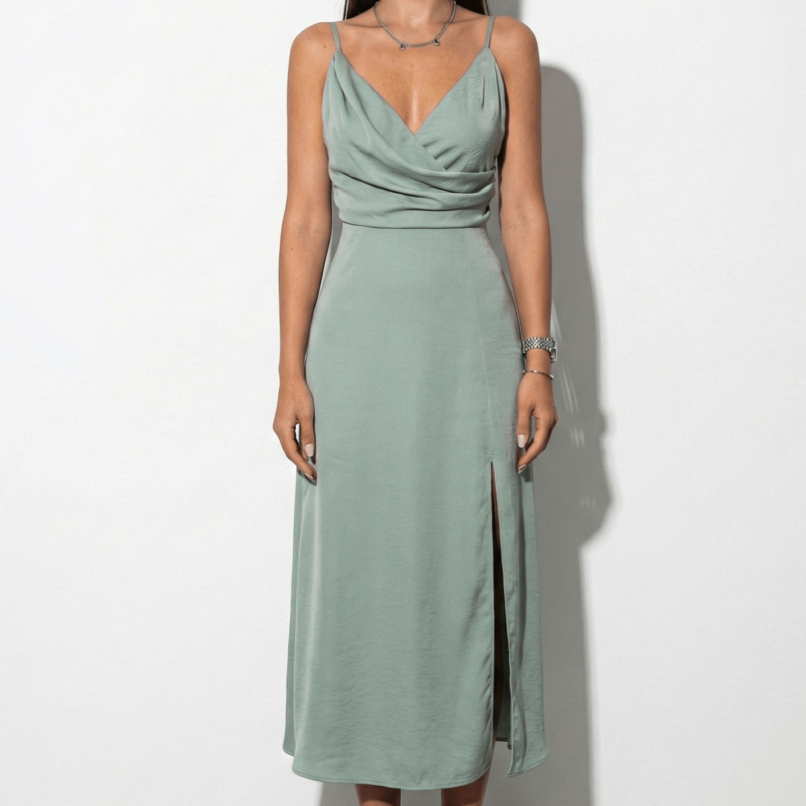Holly - Women's V - neck Midi Dress with Side Slit - Dress - Green - Jones & Smith