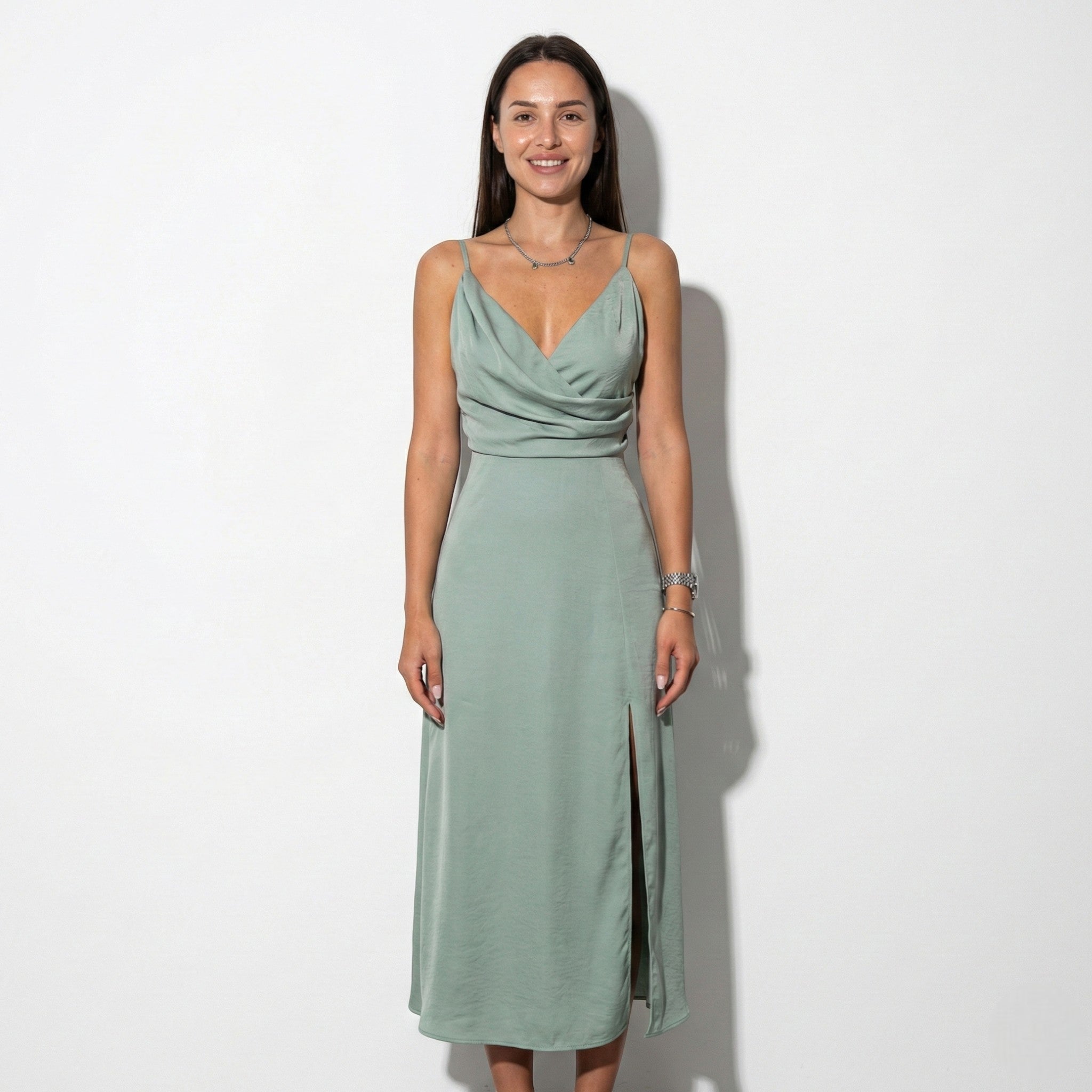 Holly - Women's V - neck Midi Dress with Side Slit - Dress - Green - Jones & Smith