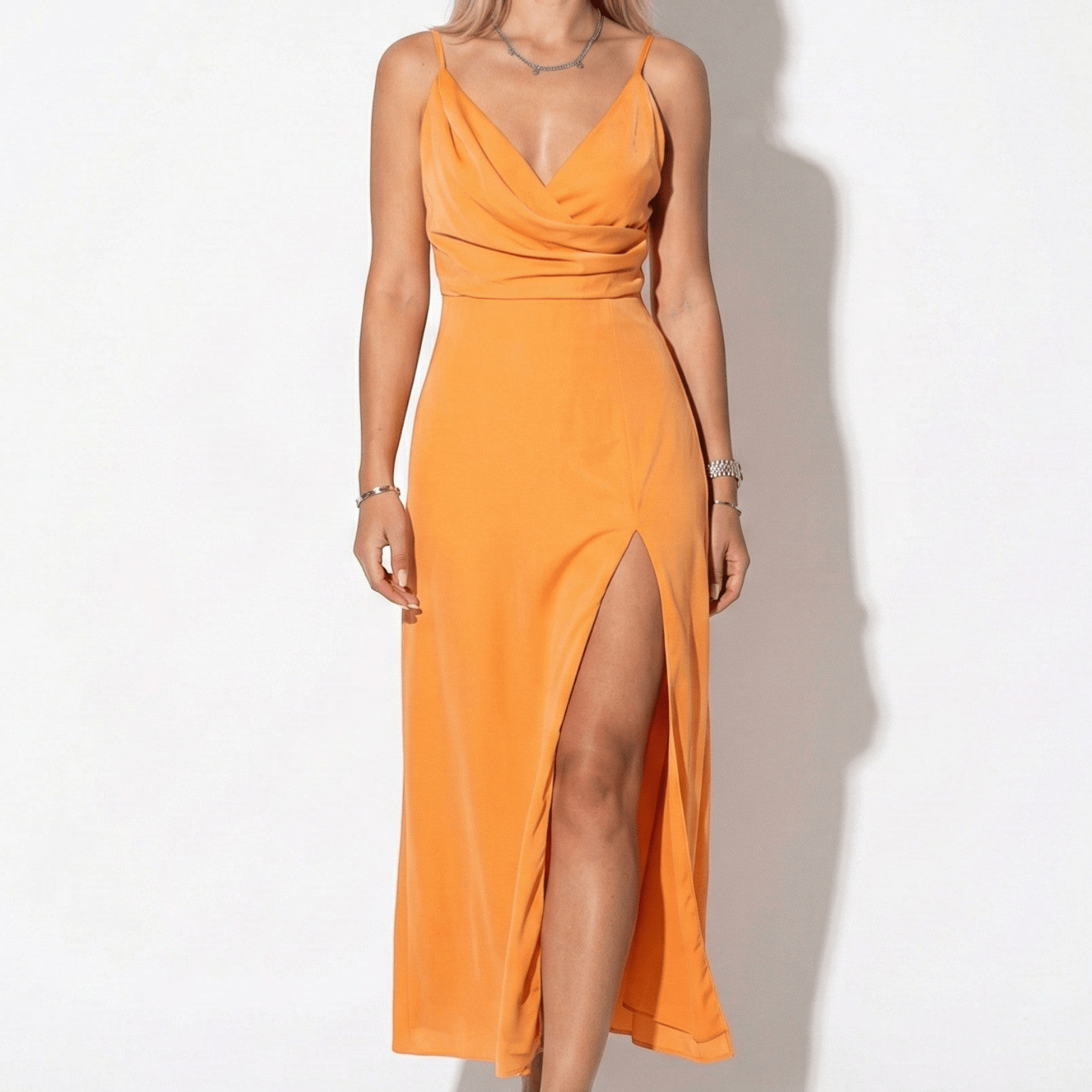 Holly - Women's V - neck Midi Dress with Side Slit - Dress - Orange - Jones & Smith
