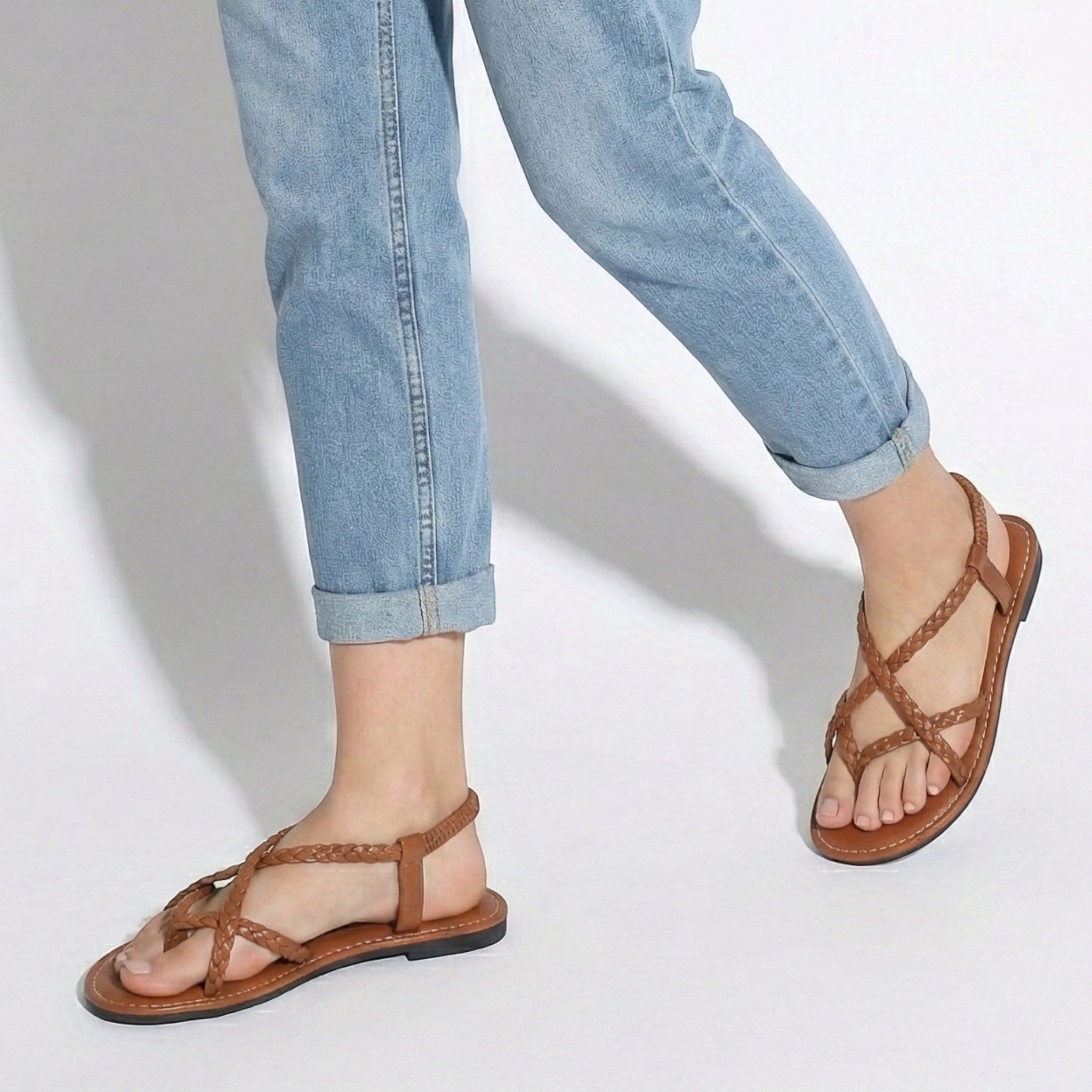 Imogen - Women's Flat Braided Strappy Sandals - Sandals - Brown - Jones & Smith