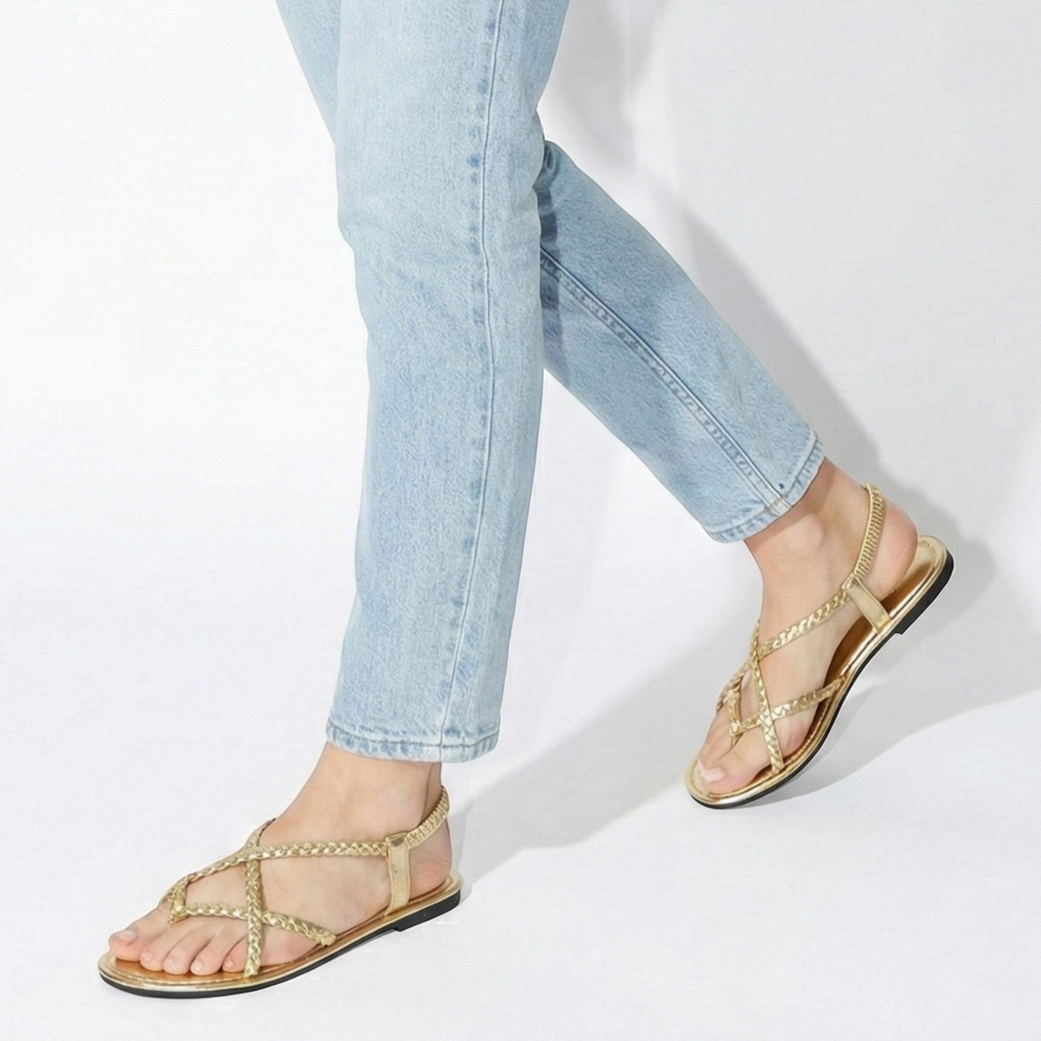 Imogen - Women's Flat Braided Strappy Sandals - Sandals - Gold - Jones & Smith