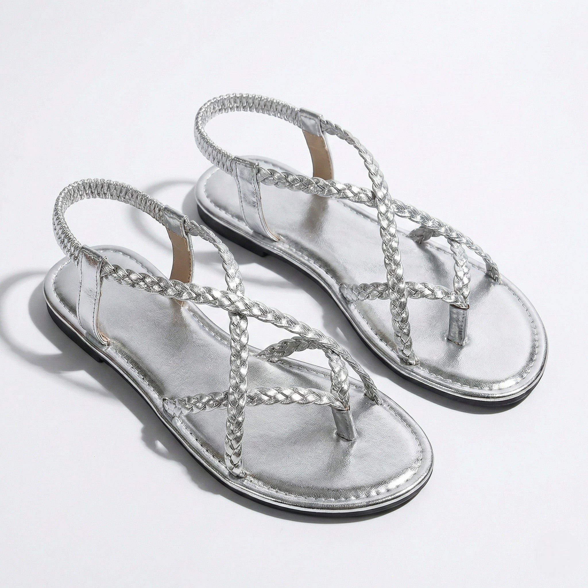 Imogen - Women's Flat Braided Strappy Sandals - Sandals - Silver - Jones & Smith
