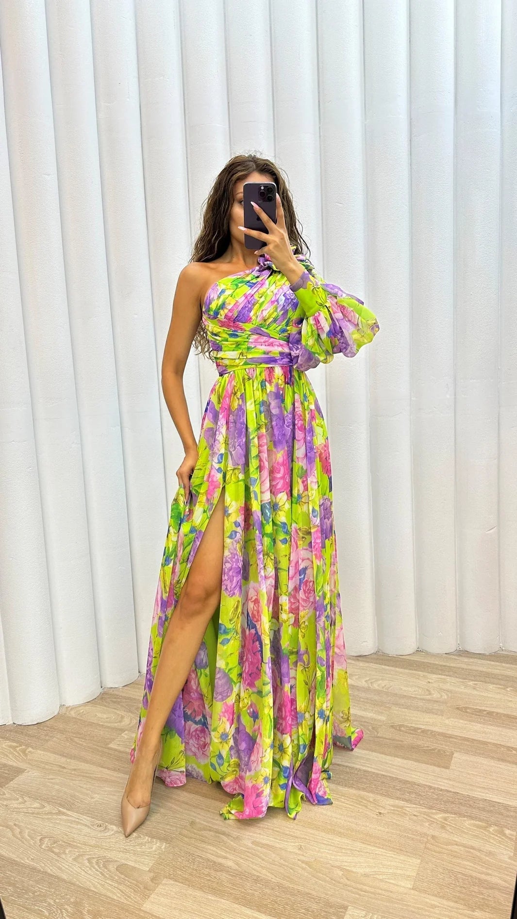Isabella - Women's One Shoulder Floral Maxi Dress with Balloon Sleeve - Dresses - Yellow - Jones & Smith