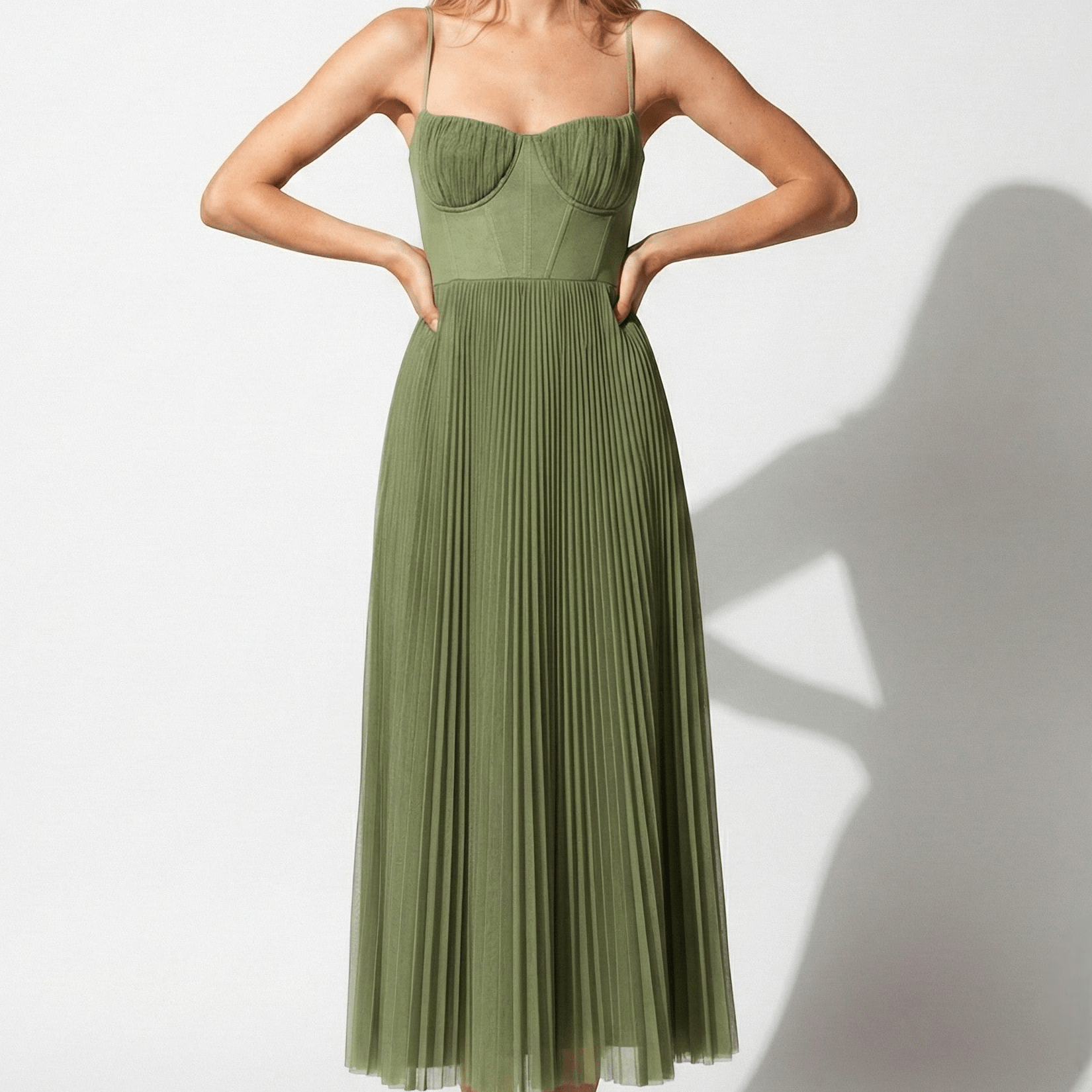 Isabella - Women's Pleated Corset Midi Dress with Spaghetti Straps - Dresses - Green - Jones & Smith