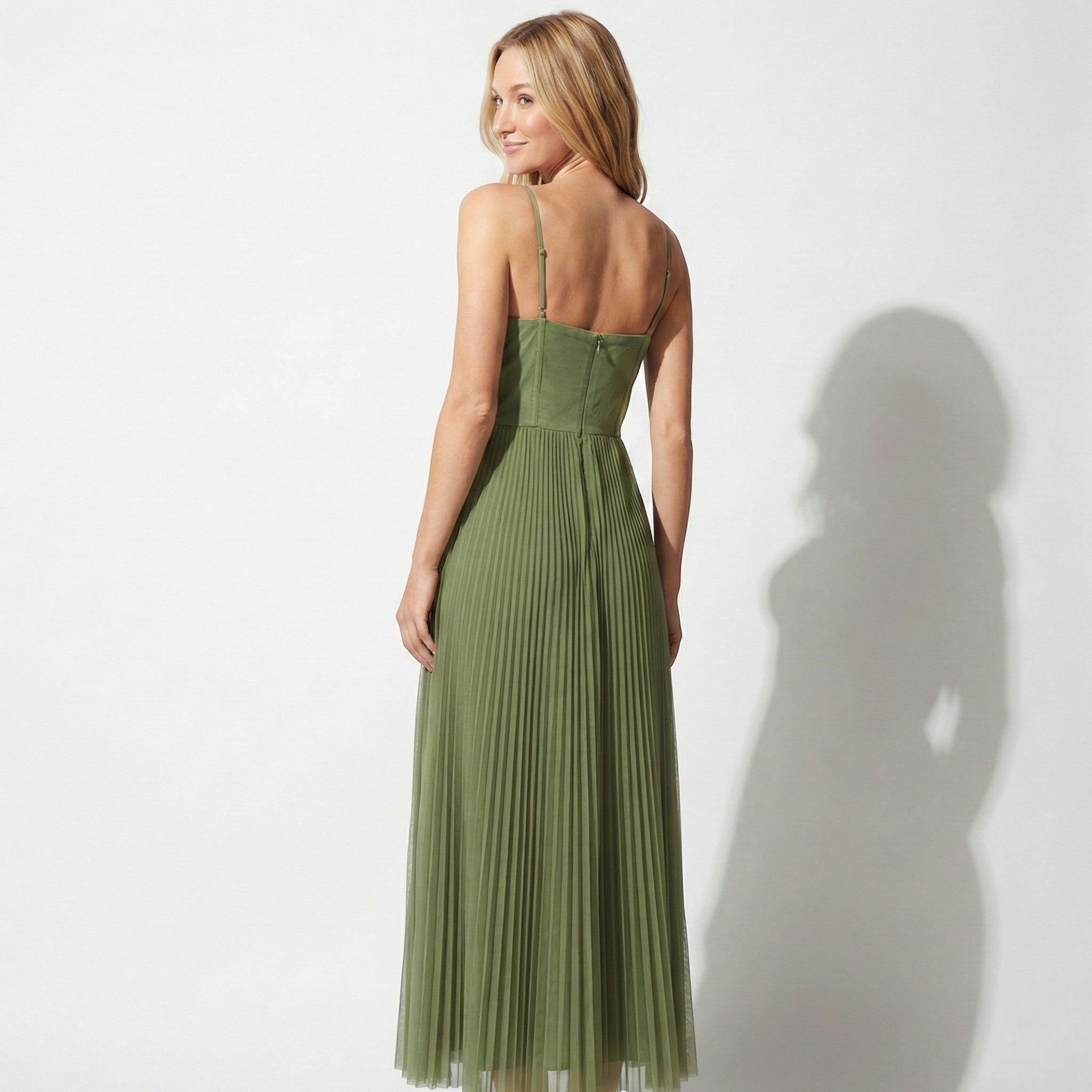 Isabella - Women's Pleated Corset Midi Dress with Spaghetti Straps - Dresses - Green - Jones & Smith