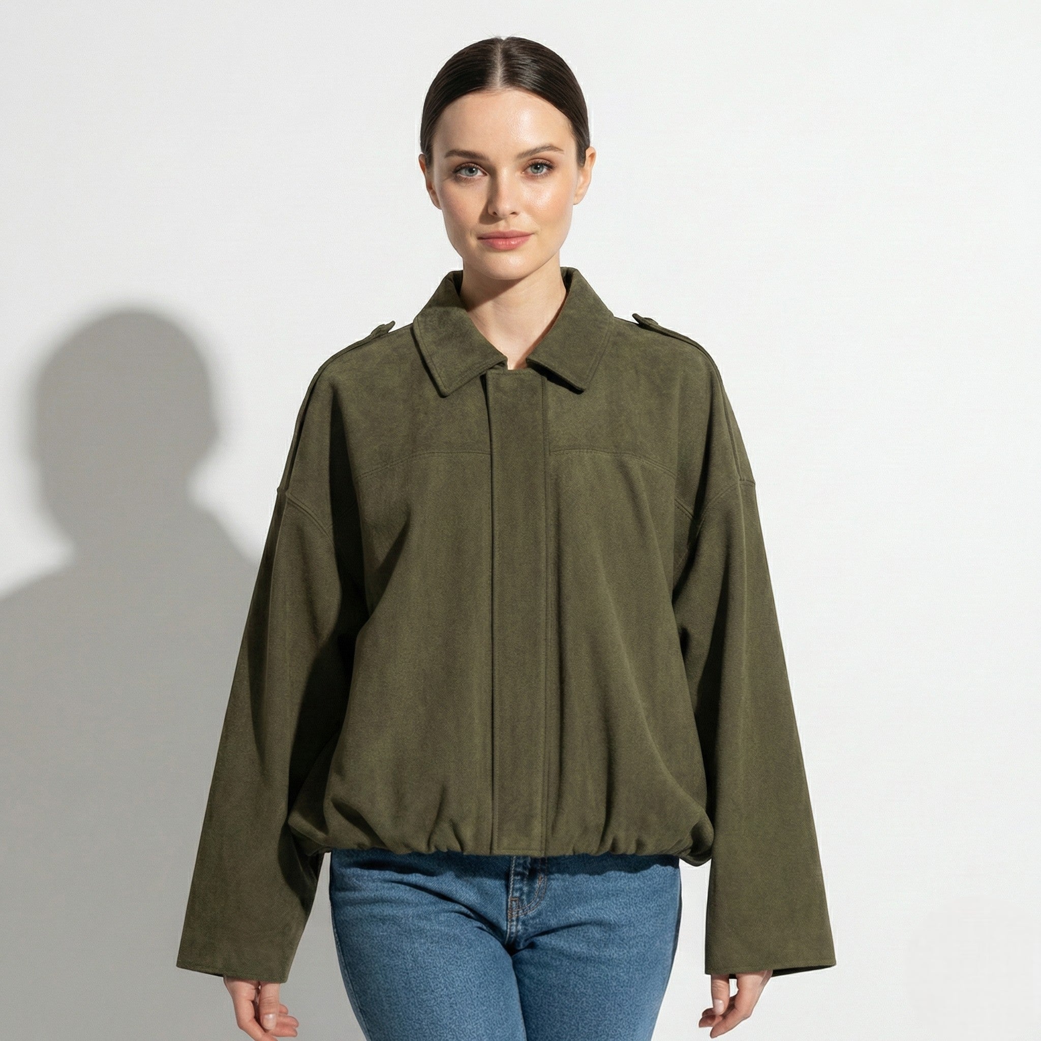 Isabelle - Women's Loose Fit Suede Jacket - Jackets, Coats, & Blazer - Army Green - Jones & Smith