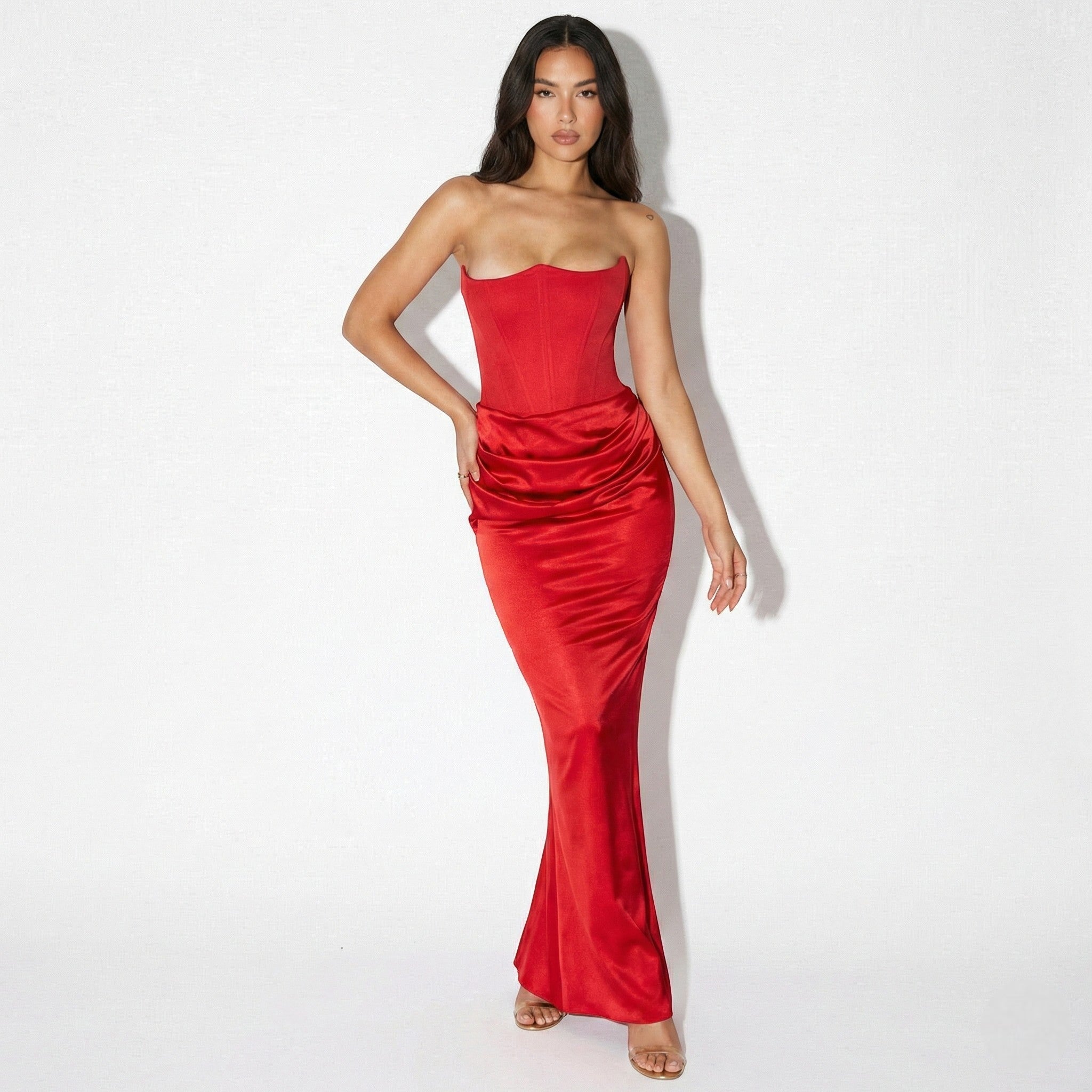 Isla - Women's Strapless Ruched Maxi Dress - Maxi - Kleid - Red - Jones & Smith
