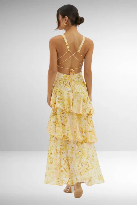 Ivy - Women's Floral Tiered Maxi Dress with V - Neckline - Dresses - Yellow - Jones & Smith