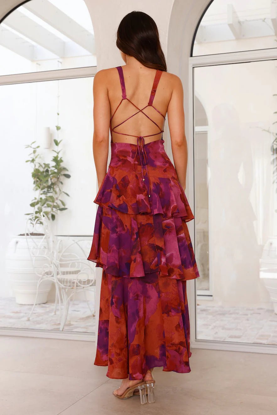 Ivy - Women's Floral Tiered Maxi Dress with V - Neckline - Dresses - Purple - Jones & Smith
