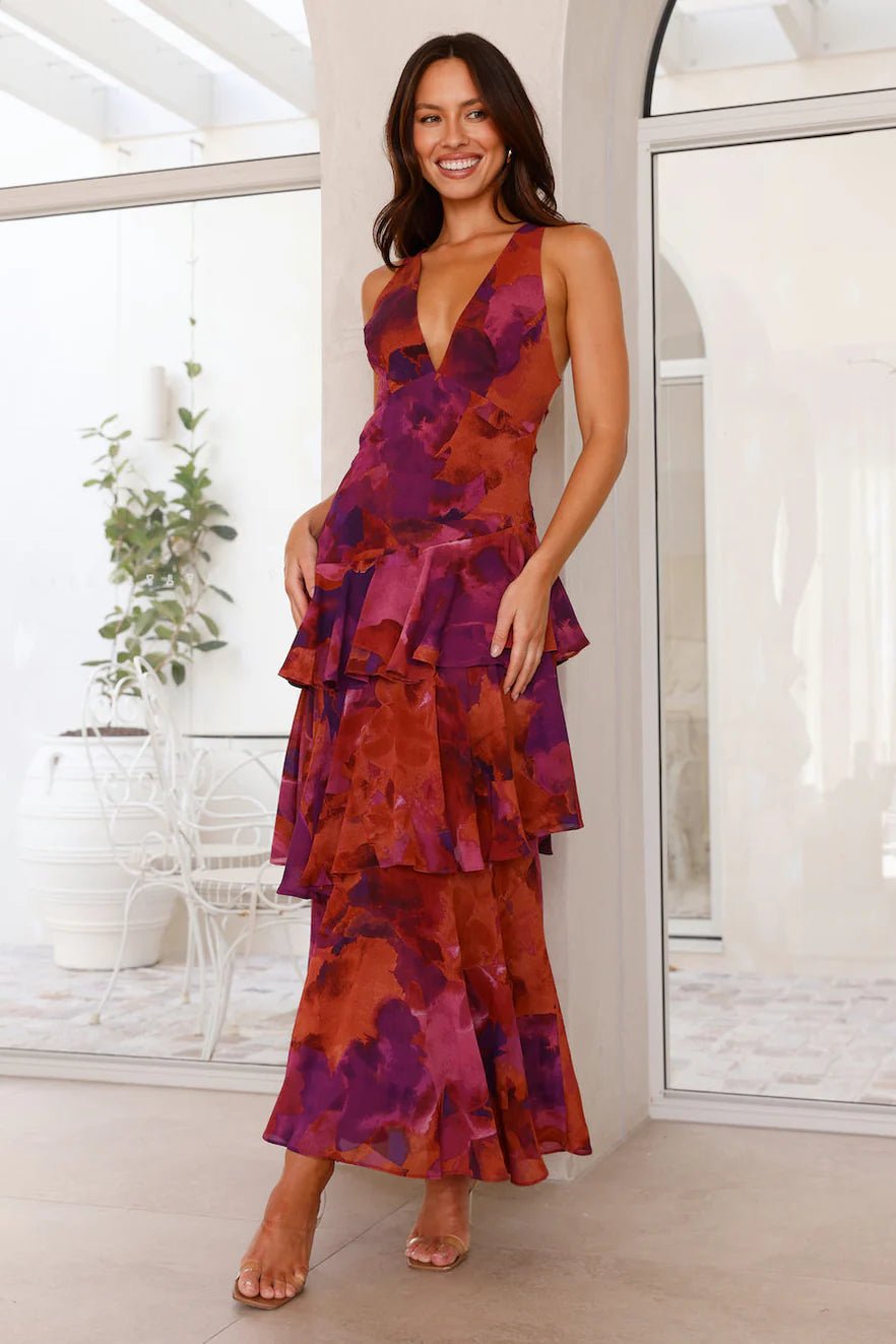 Ivy - Women's Floral Tiered Maxi Dress with V - Neckline - Dresses - Purple - Jones & Smith