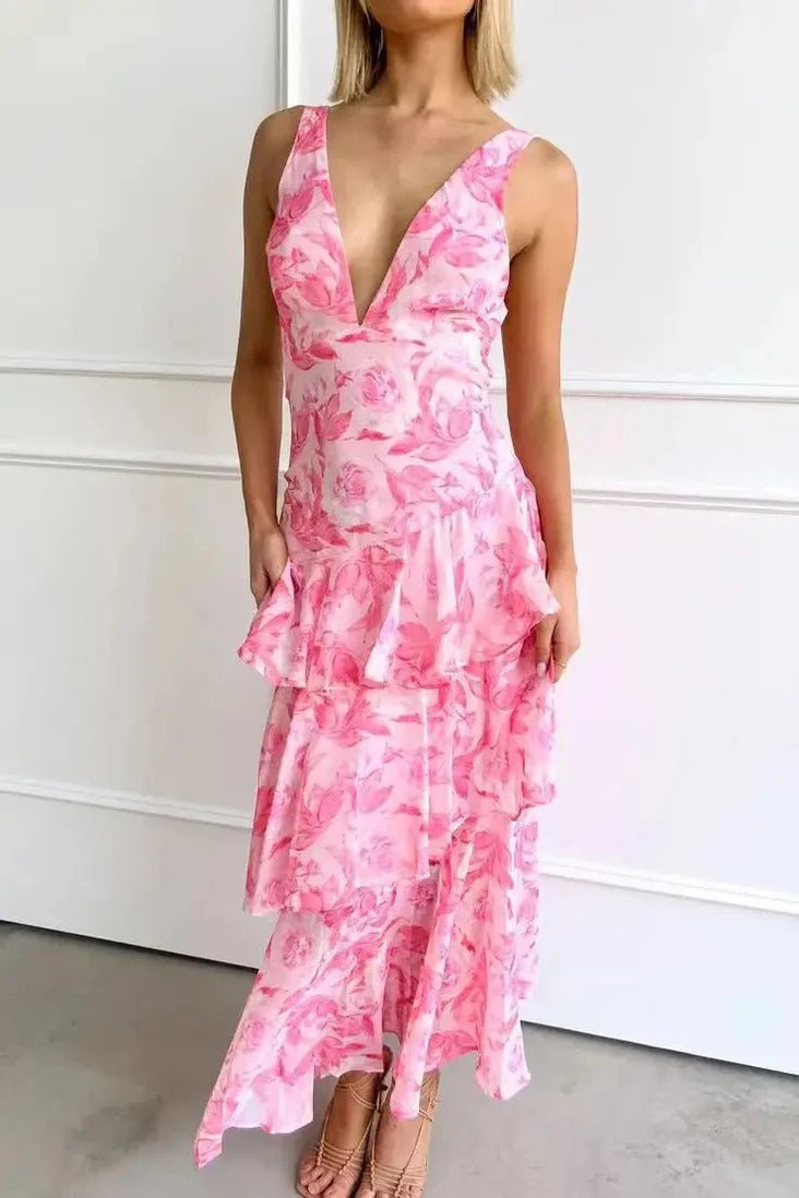 Ivy - Women's Floral Tiered Maxi Dress with V - Neckline - Dresses - Pink - Jones & Smith