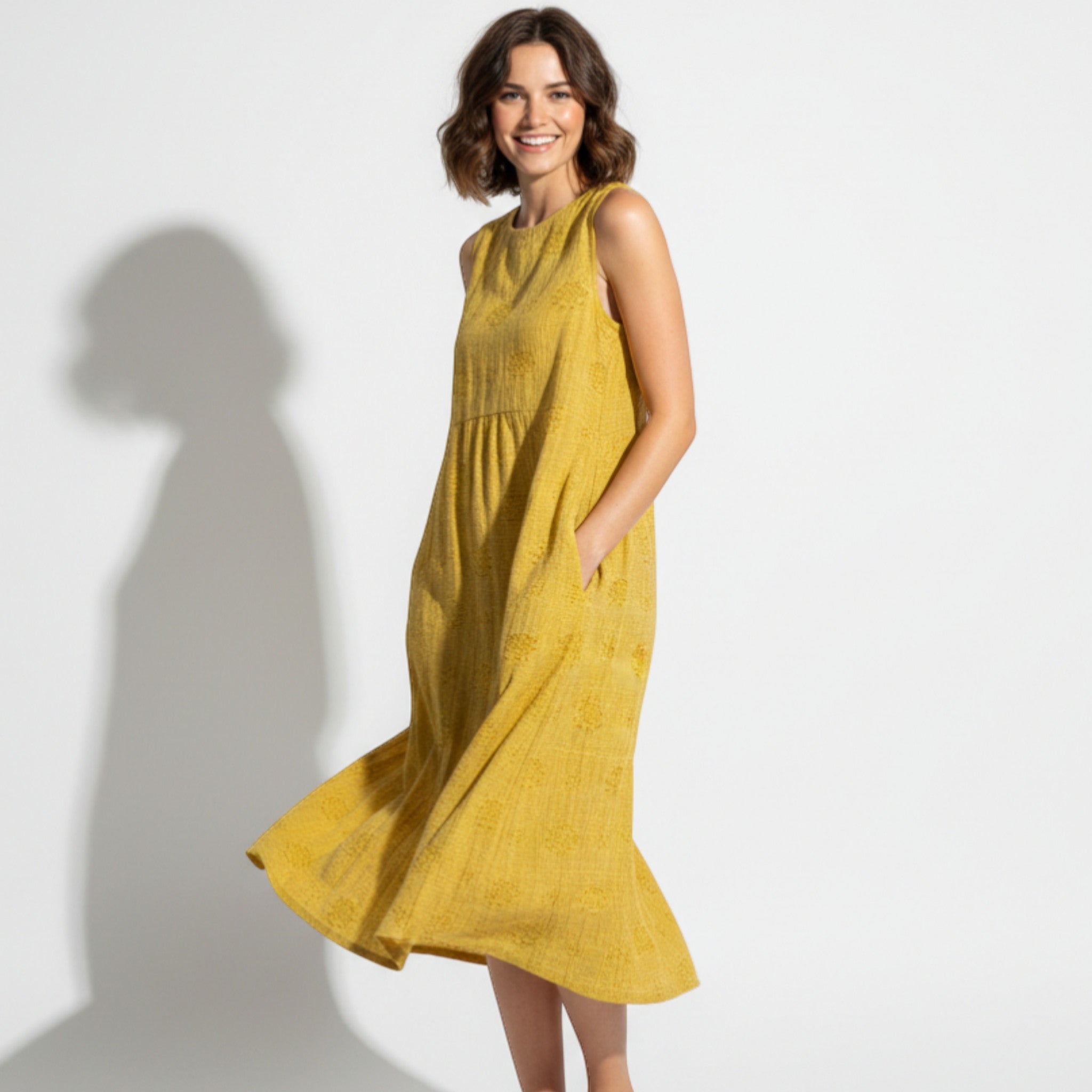 Ivy - Women's Sleeveless Midi Dress with Floral Embroidery - Dress - Yellow - Jones & Smith