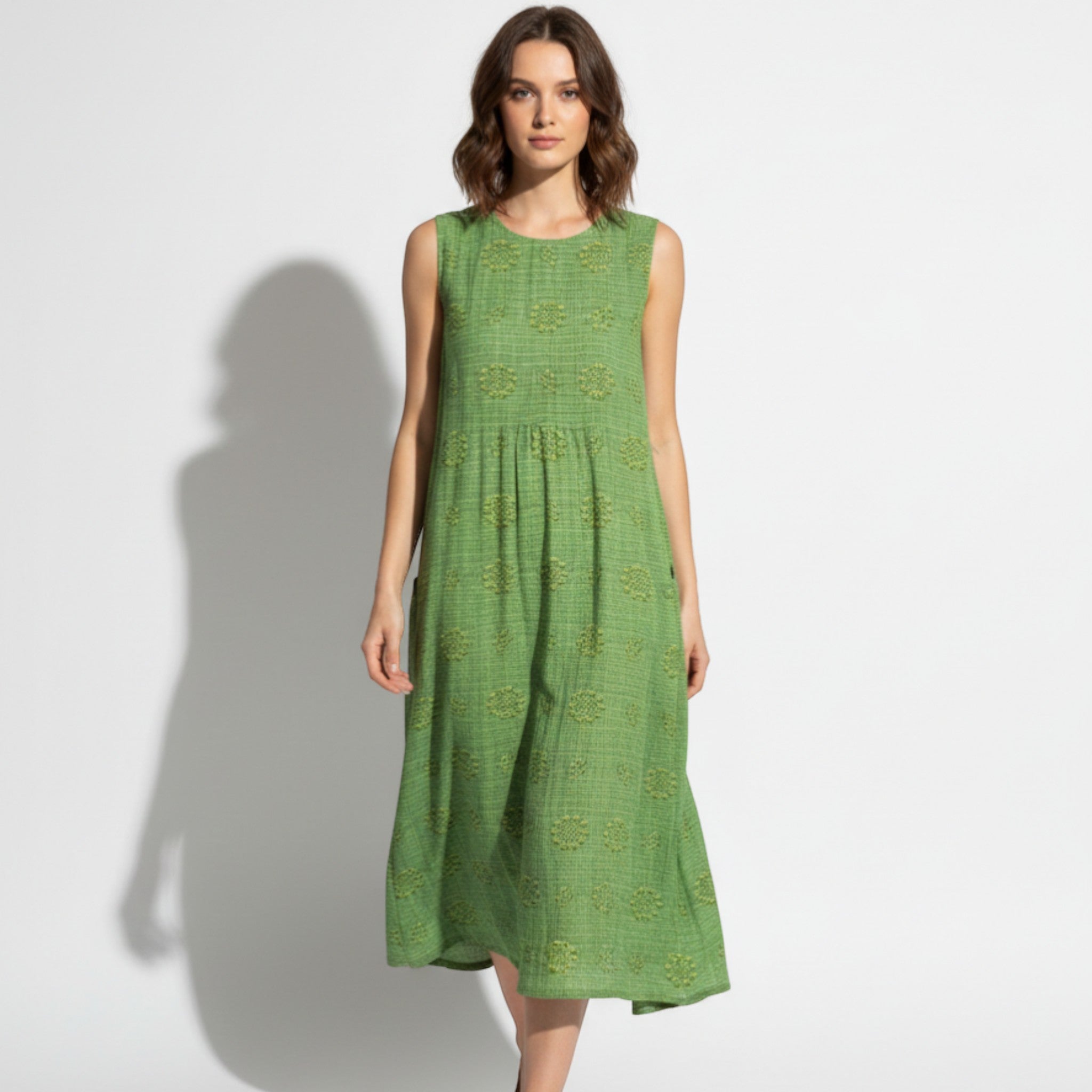 Ivy - Women's Sleeveless Midi Dress with Floral Embroidery - Dress - Green - Jones & Smith