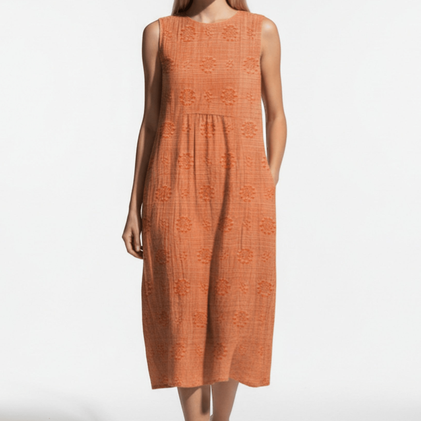 Ivy - Women's Sleeveless Midi Dress with Floral Embroidery - Dress - Orange - Jones & Smith