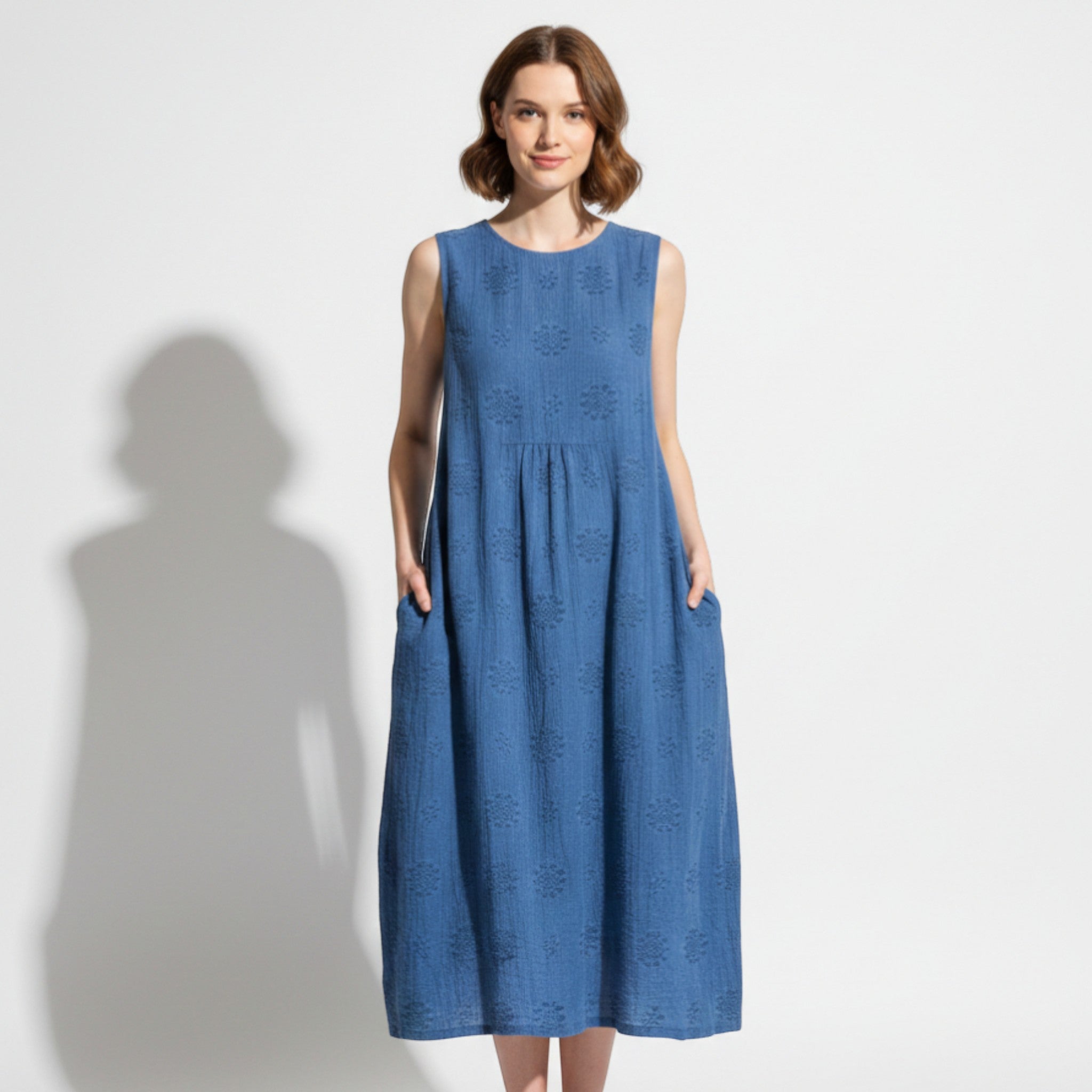Ivy - Women's Sleeveless Midi Dress with Floral Embroidery - Dress - Blue - Jones & Smith