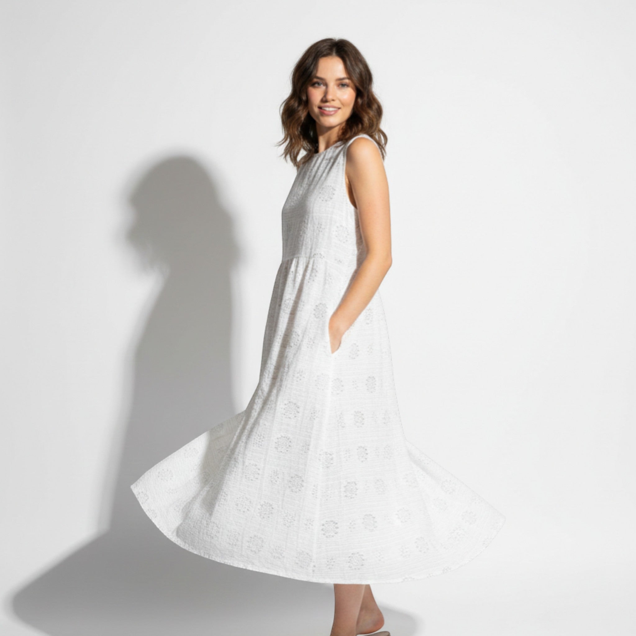 Ivy - Women's Sleeveless Midi Dress with Floral Embroidery - Dress - White - Jones & Smith