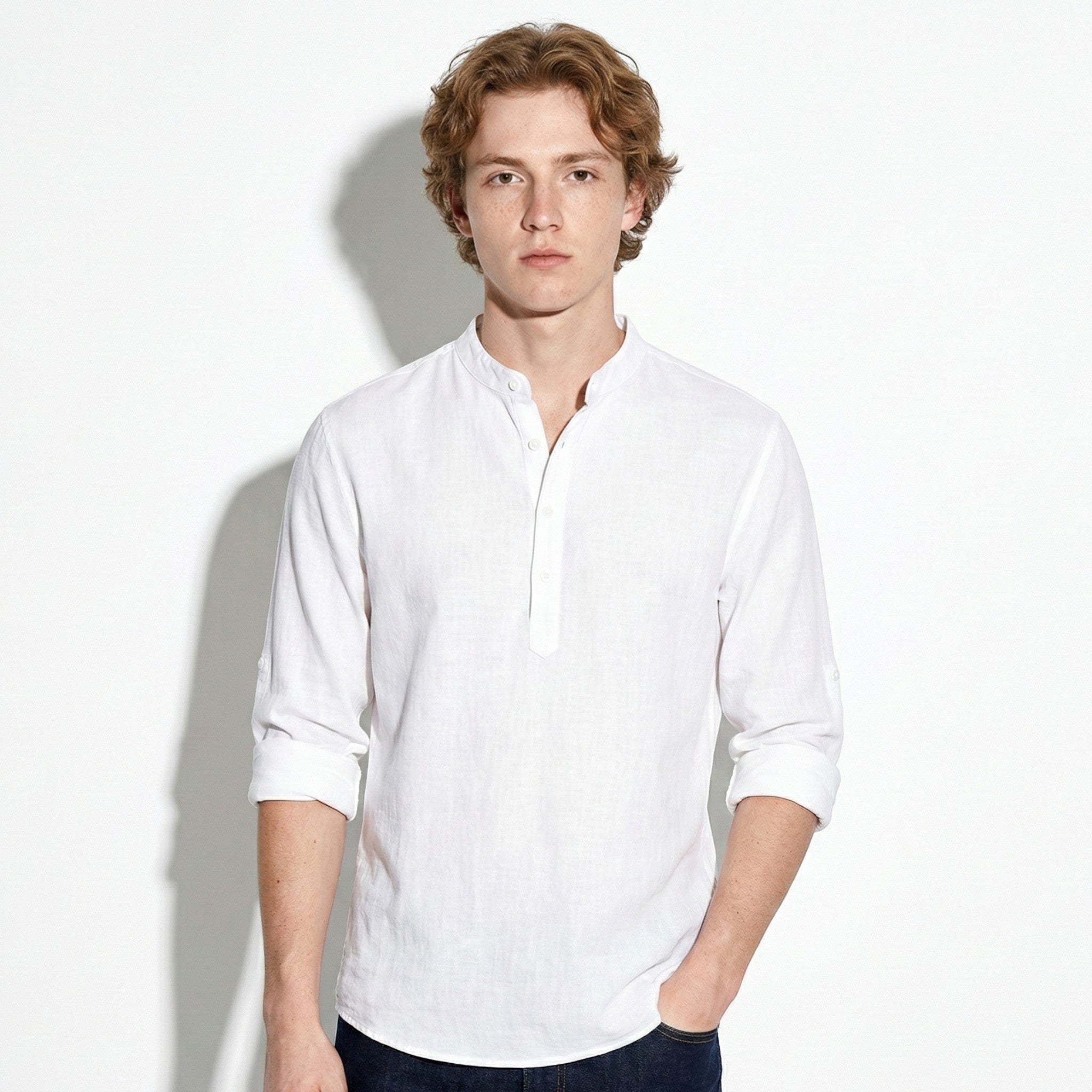 Jack - Men's Striped Henley Shirt with Roll - Up Sleeves - Shirt - White - Jones & Smith