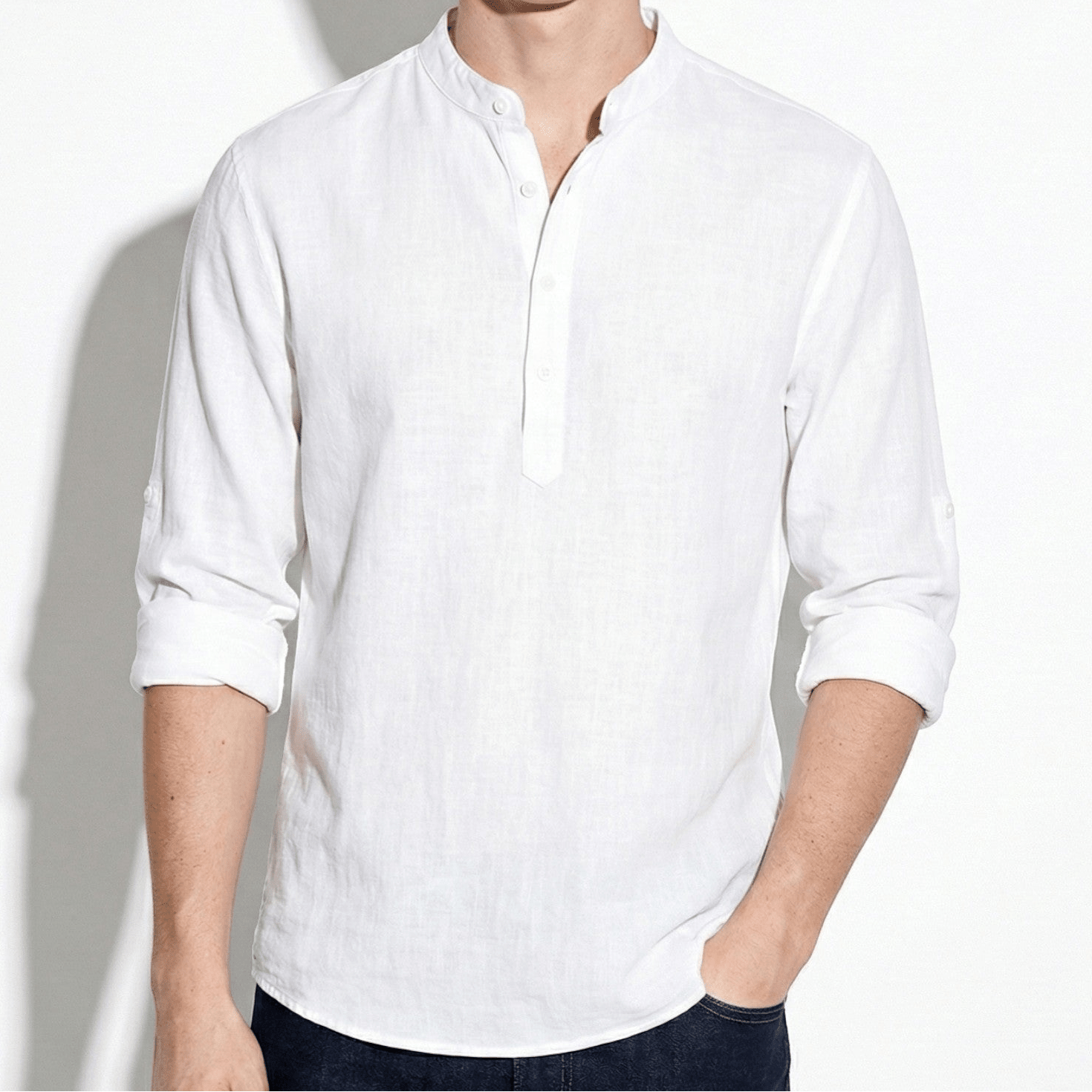 Jack - Men's Striped Henley Shirt with Roll - Up Sleeves - Shirt - White - Jones & Smith