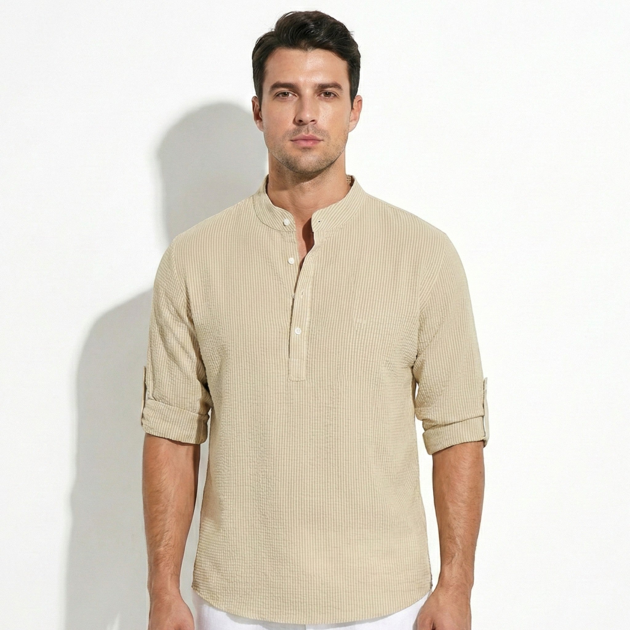 Jack - Men's Striped Henley Shirt with Roll - Up Sleeves - Shirt - Beige - Jones & Smith