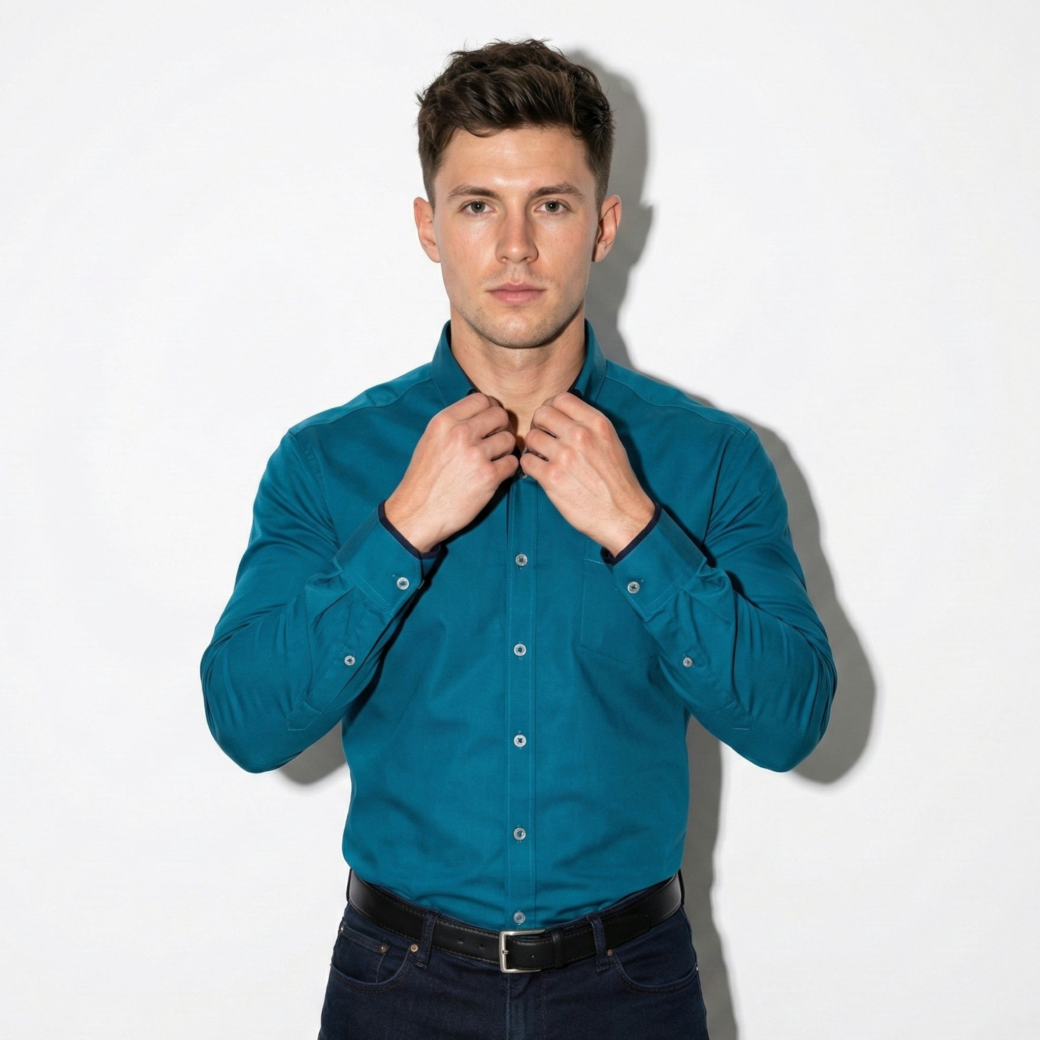 Jack - Men’s Wrinkle - Free Stretch Shirt with Stand - Up Collar - Tops, T-shirts & Shirts - Sea Blue - Jones & Smith