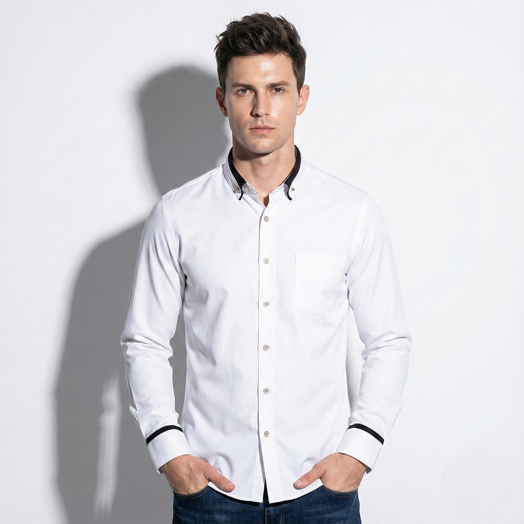 Jack - Men’s Wrinkle - Free Stretch Shirt with Stand - Up Collar - Tops, T-shirts & Shirts - White - Jones & Smith