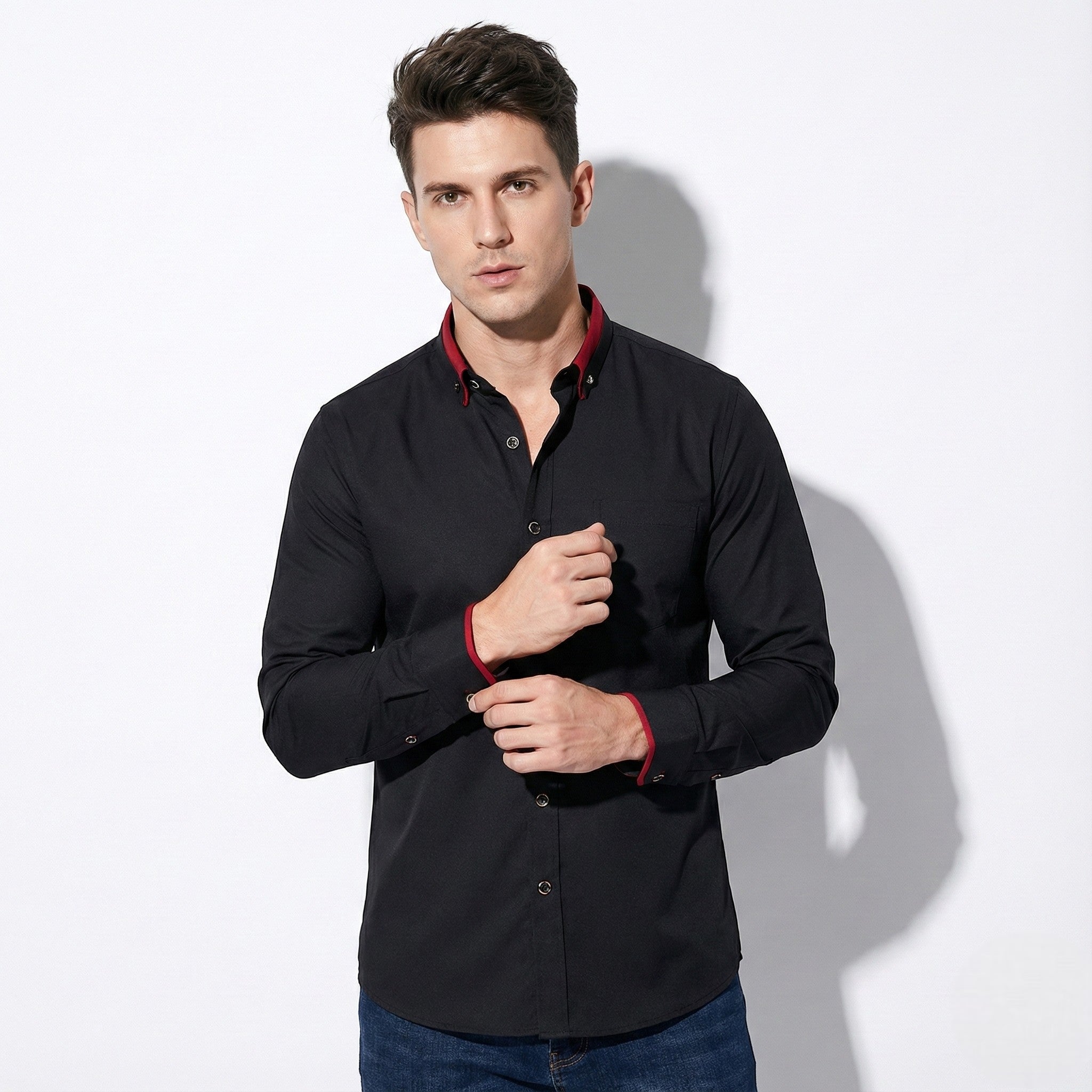 Jack - Men’s Wrinkle - Free Stretch Shirt with Stand - Up Collar - Tops, T-shirts & Shirts - Black - Jones & Smith