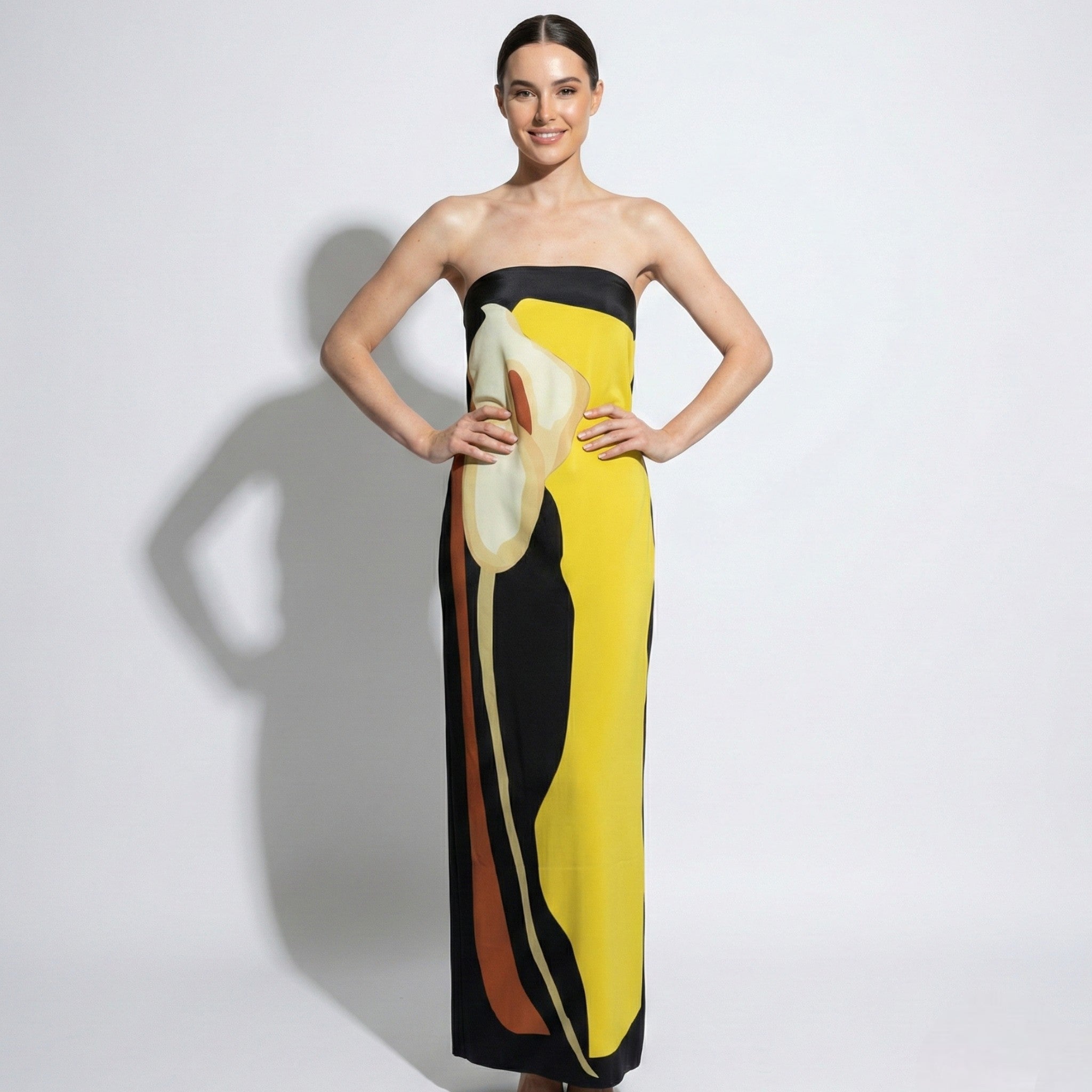 Jaime - Women's Strapless Maxi Dress with Abstract Floral Print - Dresses - Yellow - Jones & Smith