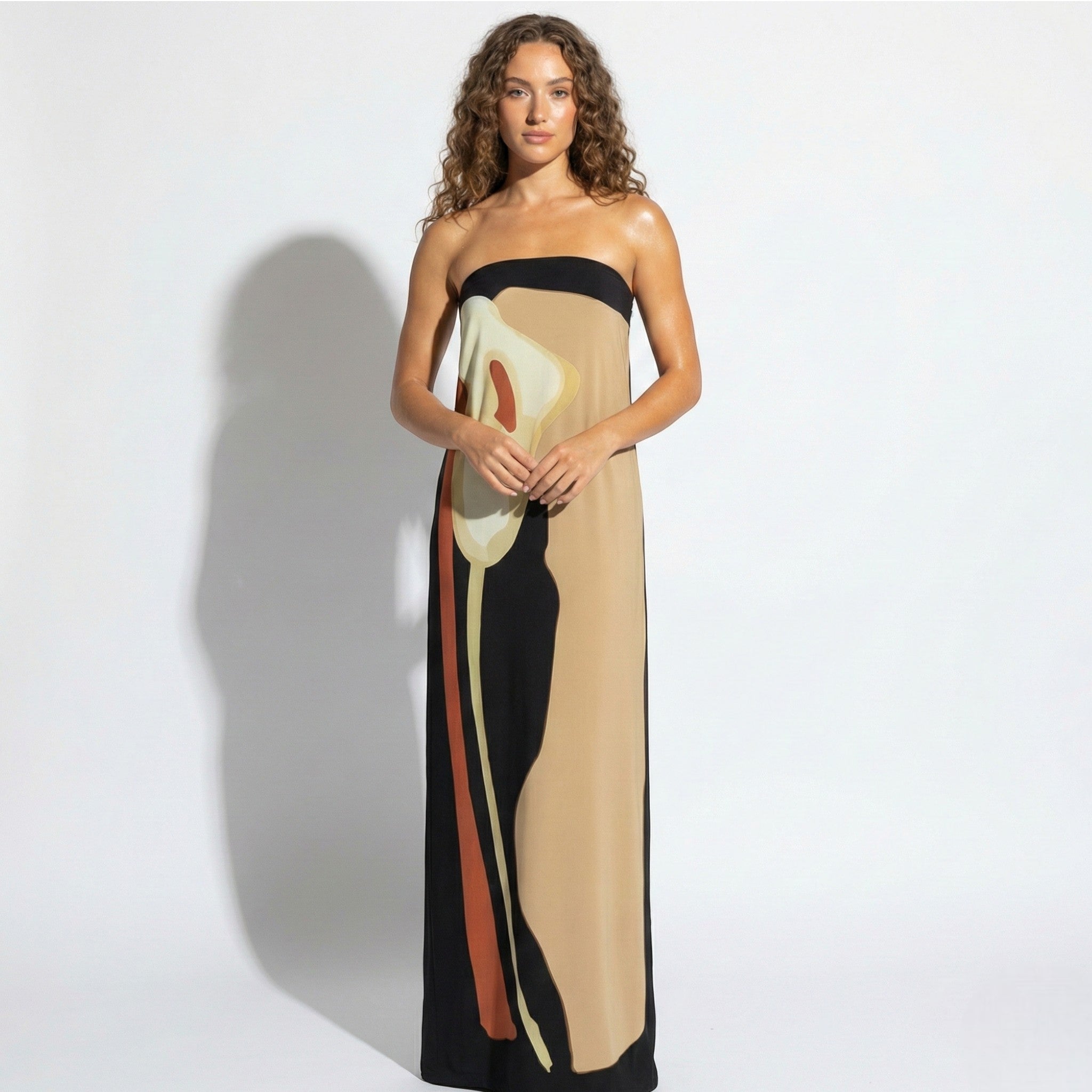 Jaime - Women's Strapless Maxi Dress with Abstract Floral Print - Dresses - Khaki - Jones & Smith