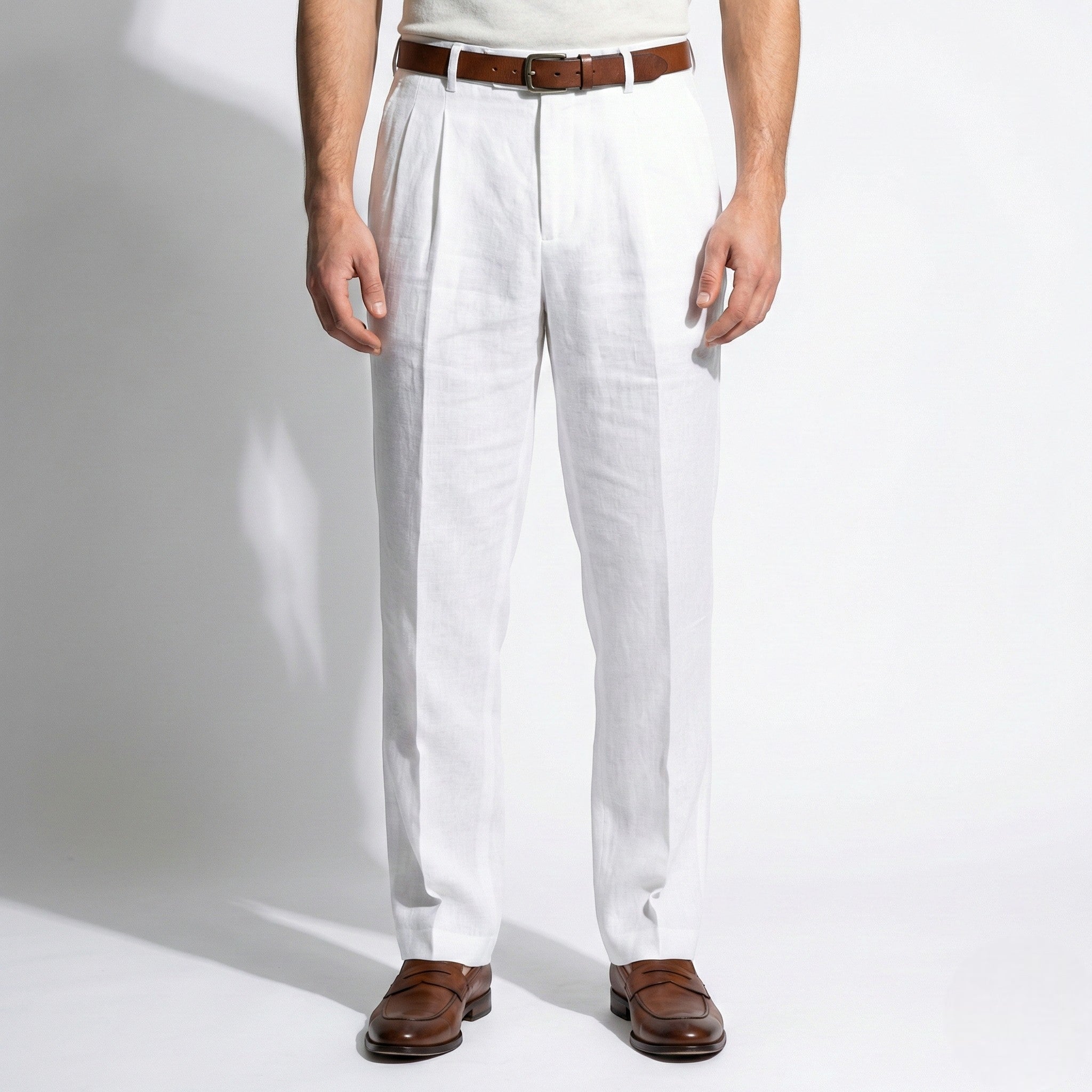 James - Men's Pinstripe Wide Leg Suit Trousers - Trouser - Beige - Jones & Smith