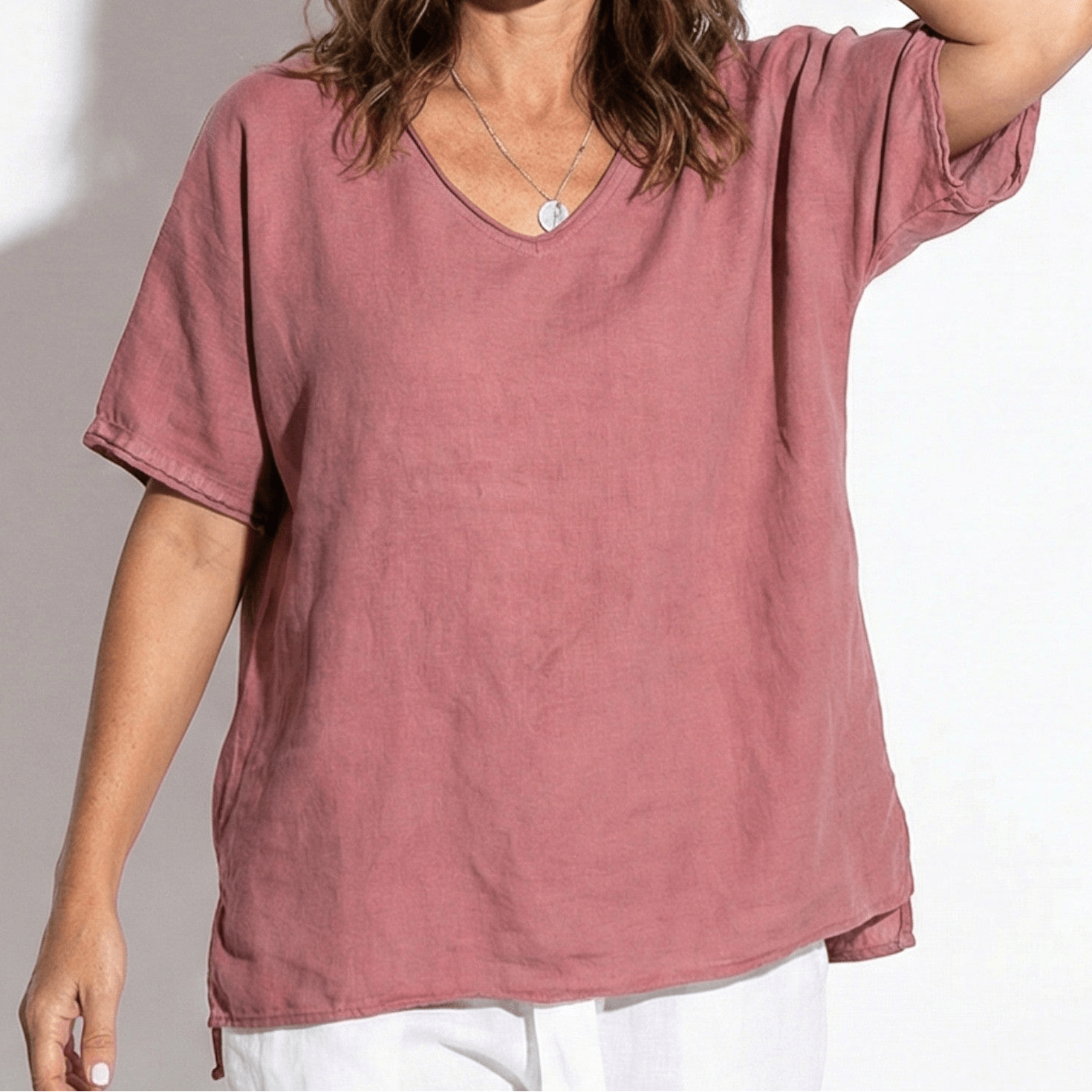 Jane - Women's Relaxed Short Sleeved V - Neck Blouse - Blouses - Dark Pink - Jones & Smith