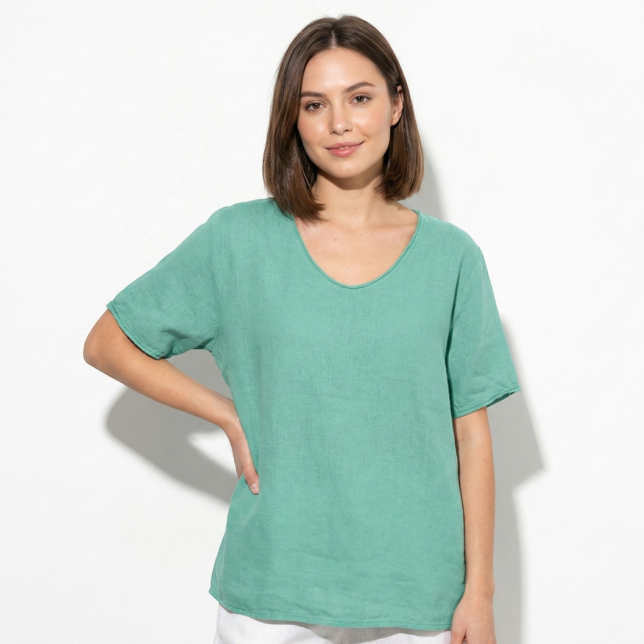 Jane - Women's Relaxed Short Sleeved V - Neck Blouse - Blouses - Green - Jones & Smith