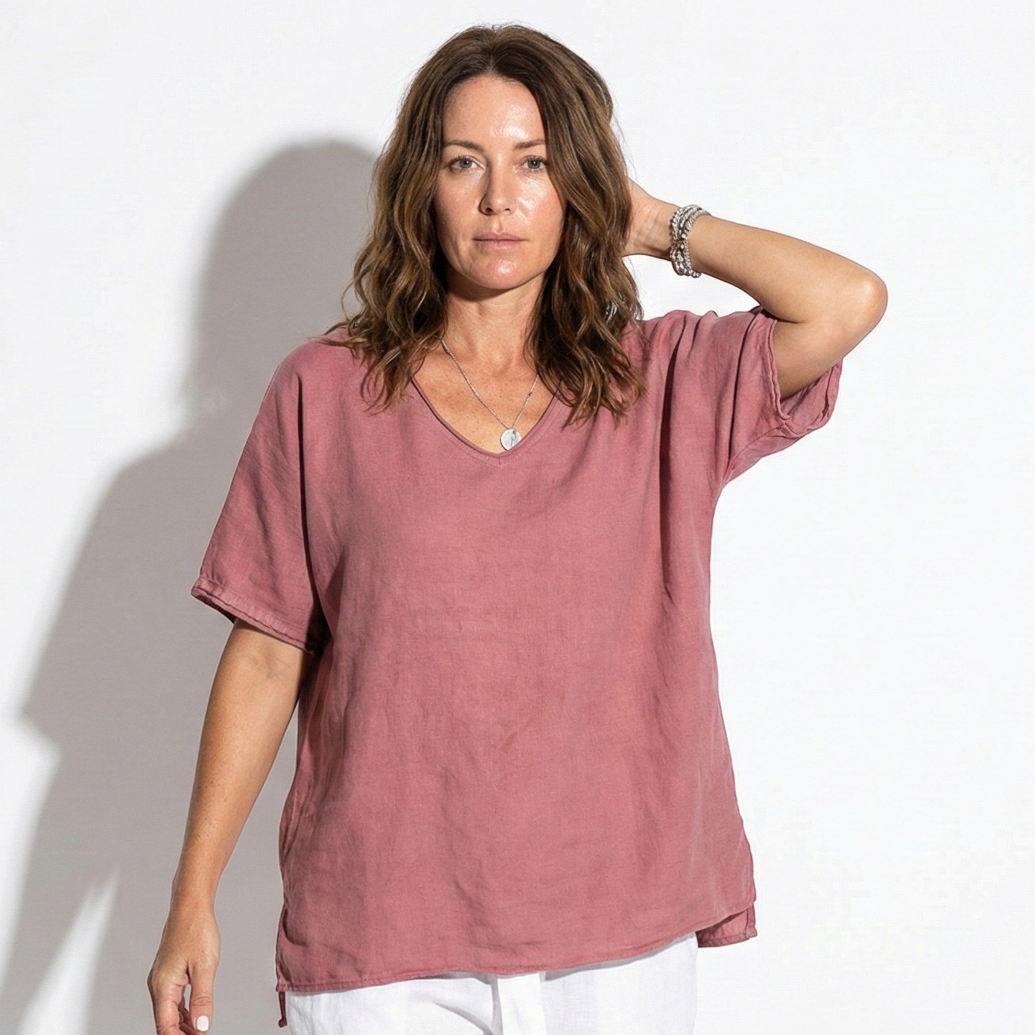 Jane - Women's Relaxed Short Sleeved V - Neck Blouse - Blouses - Dark Pink - Jones & Smith