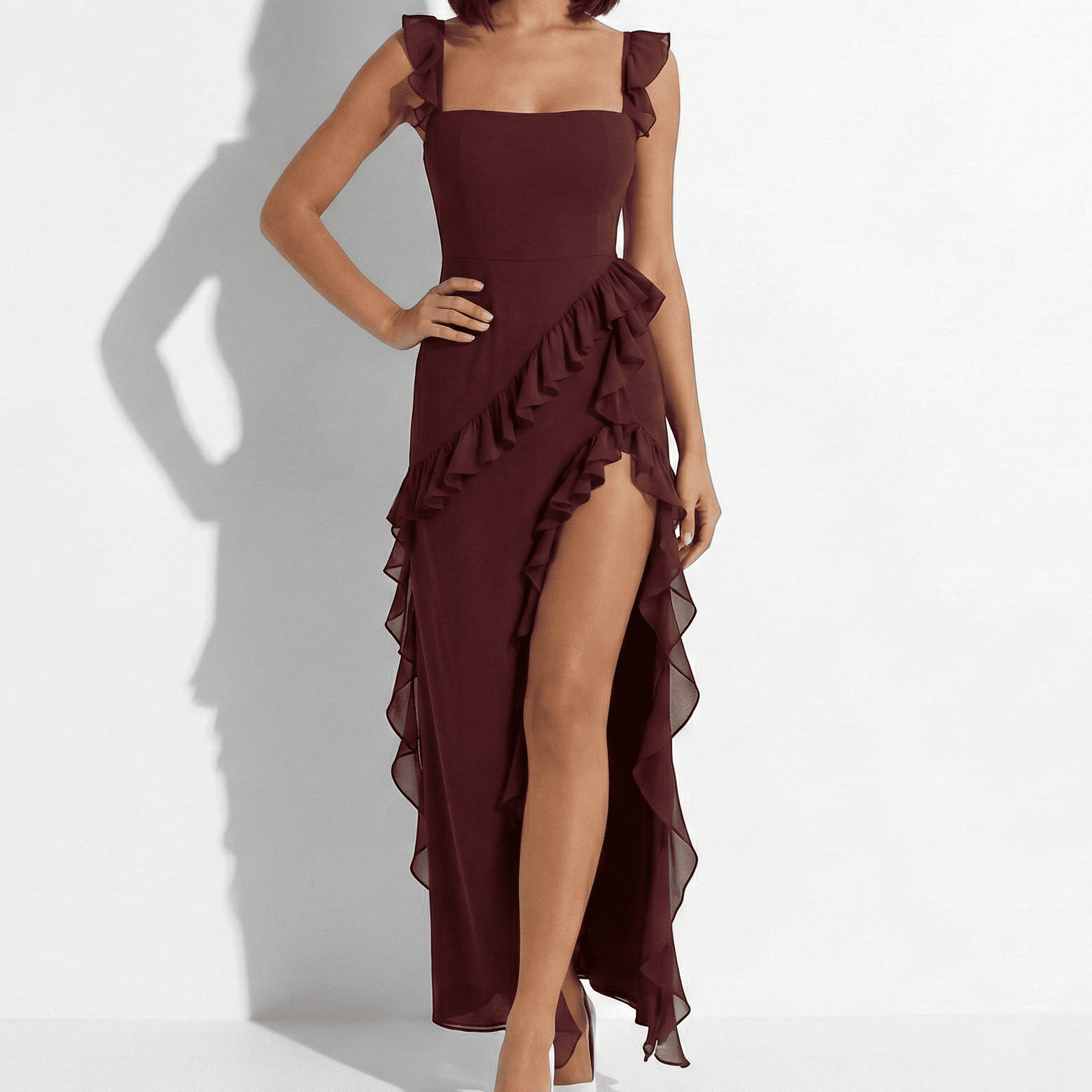 Jasmine - Women's Ruffled High - Slit Maxi Dress - Dresses - Burgundy - Jones & Smith