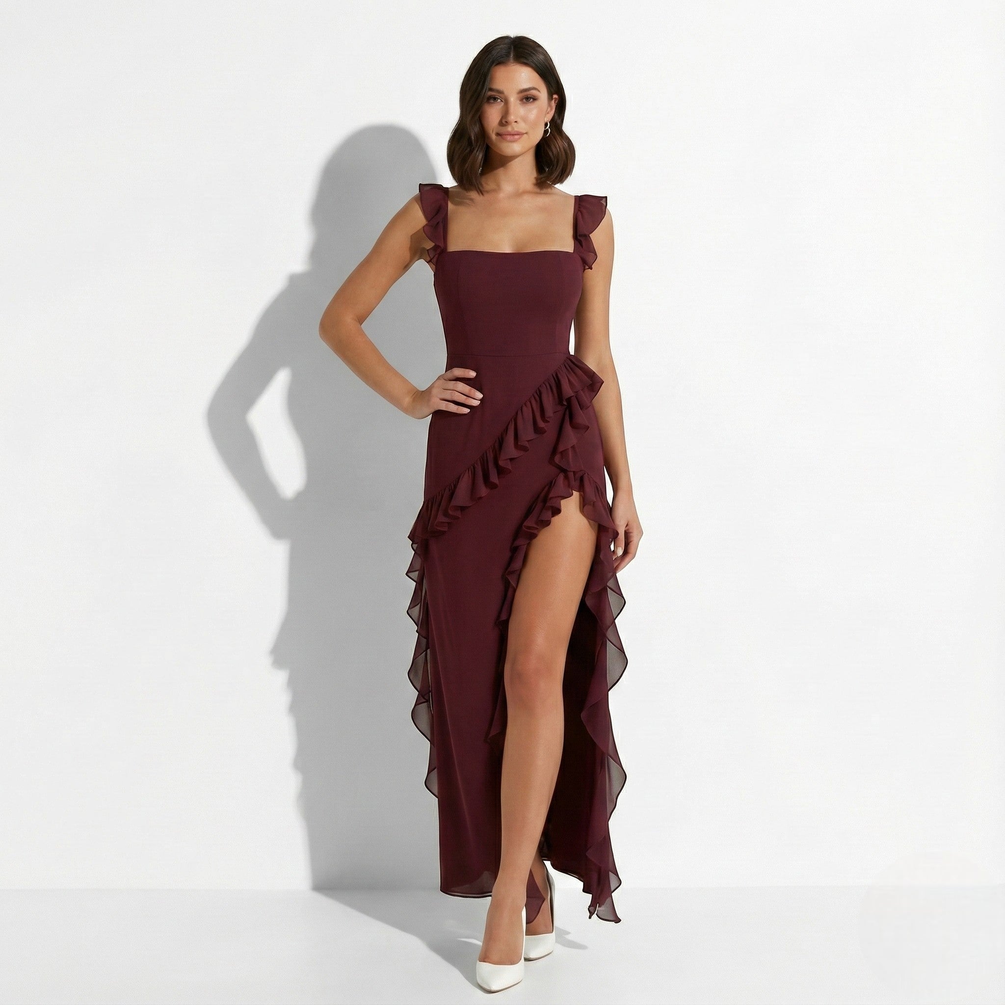 Jasmine - Women's Ruffled High - Slit Maxi Dress - Dresses - Burgundy - Jones & Smith