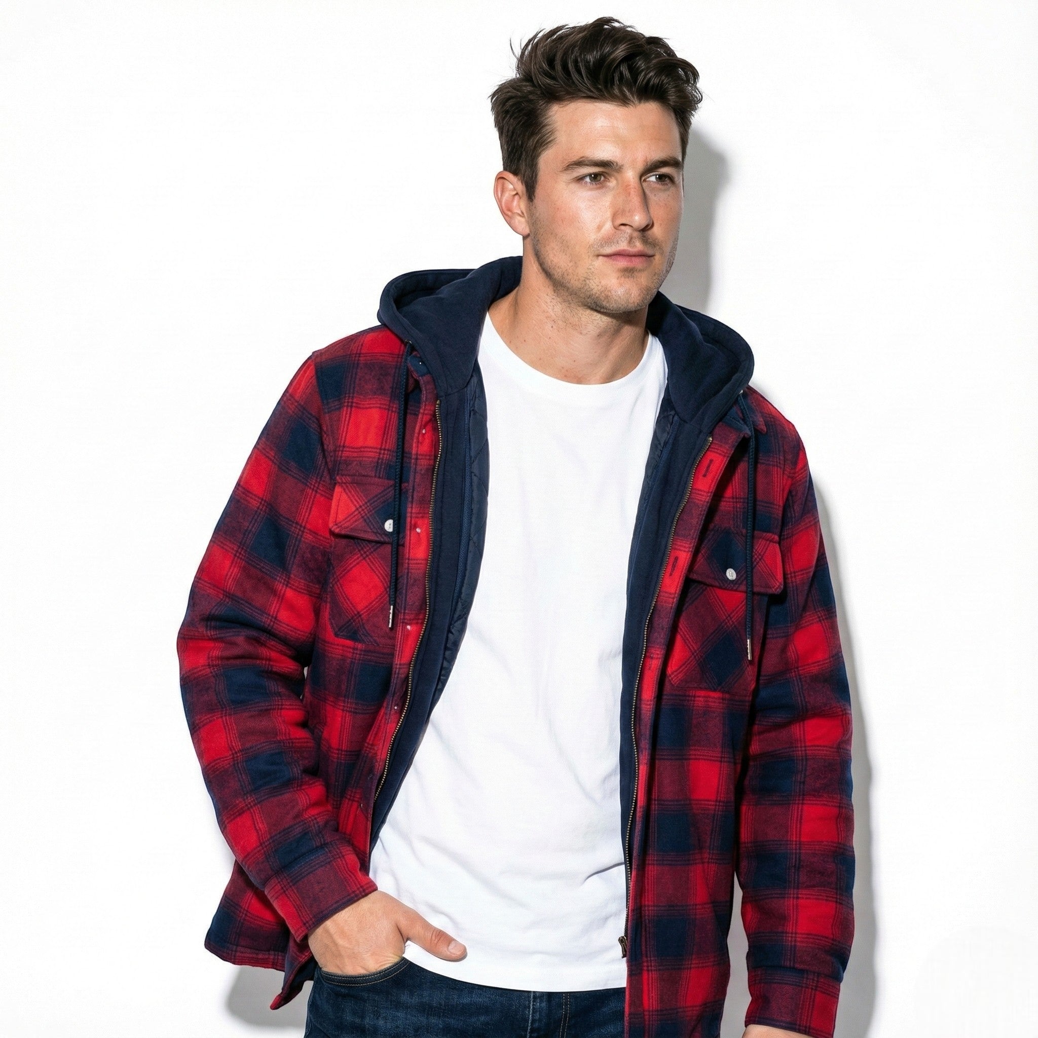 Jaxon – Men’s Cotton Hooded Check Jacket - Jackets - Red - Jones & Smith